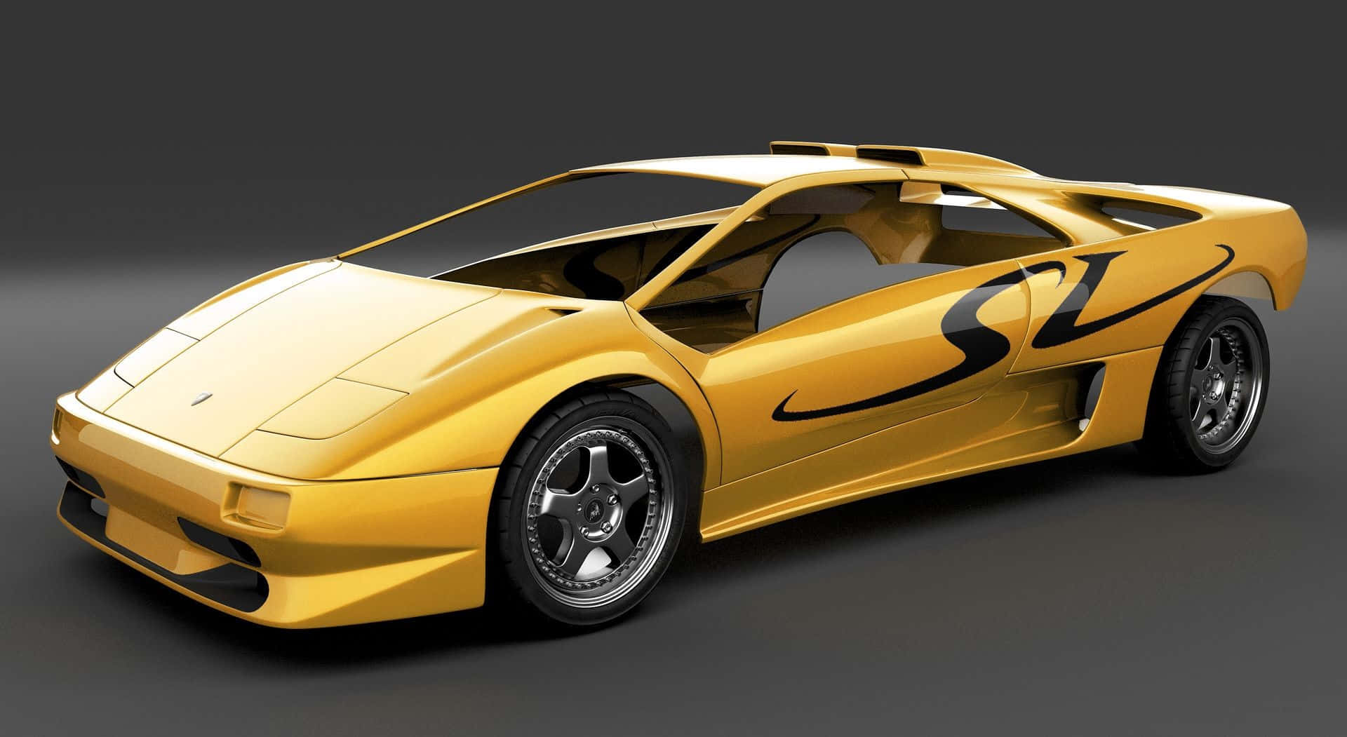 Lamborghini Diablo 桌布 壁紙 — 閃亮的金色林寶堅尼 Diablo SV，帶有黑色賽車條紋和銀色輪圈，在深色工作室背景上。