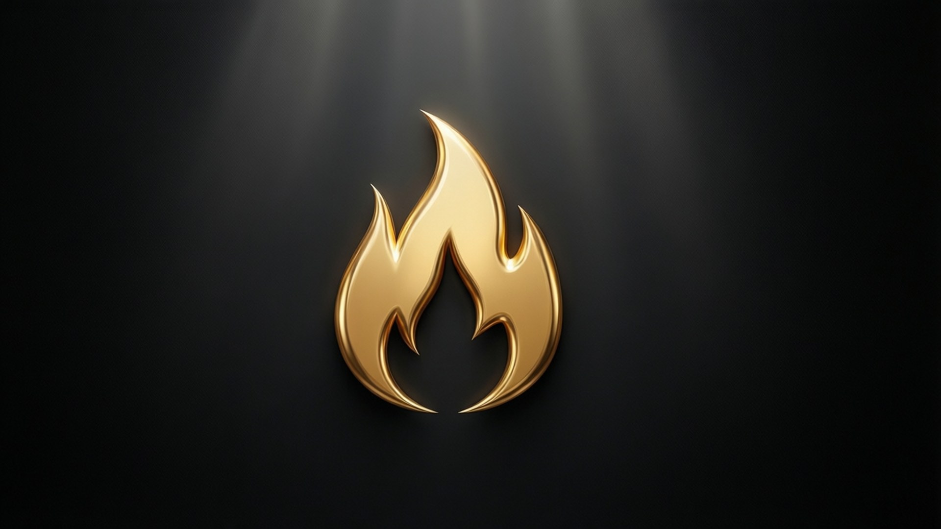 Golden Flame Emoji 壁紙 — 一個閃閃發光的金色火焰圖標，在黑暗背景下被聚光燈光線照亮。