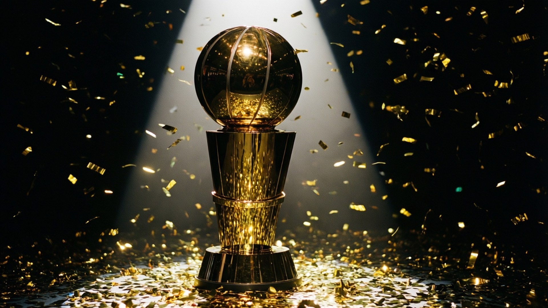 All-Star Trophy Glory 壁紙 — 一個閃閃發光的金色獎盃在聚光燈下，背景黑暗，紙屑飄落。