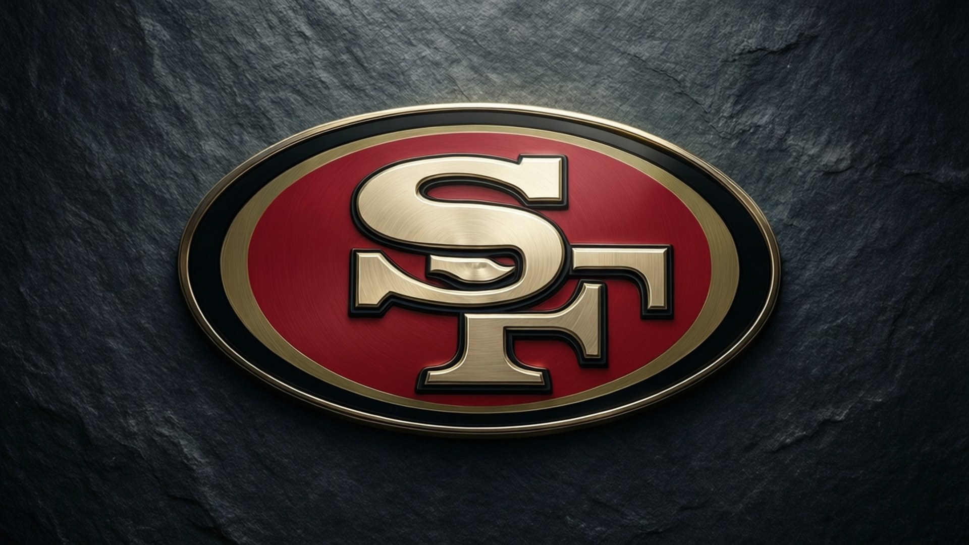 桌布 壁紙 — 閃亮的 San Francisco 49ers 標誌，金色和紅色的徽章設置在深色紋理石質背景上。