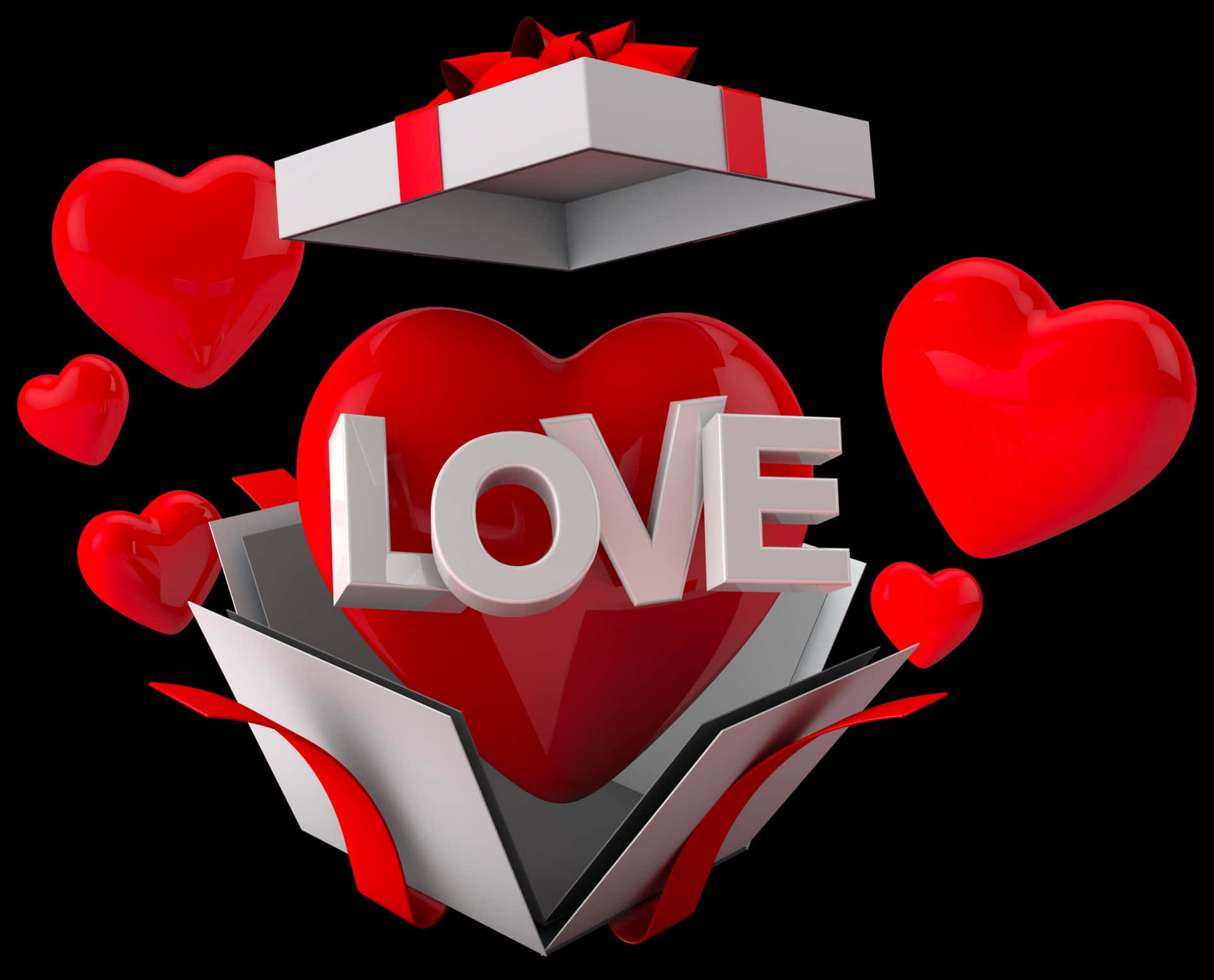  壁紙 — 一個帶有 LOVE 字樣的亮面紅色心形從打開的禮物盒中出現，周圍漂浮著心形，背景為黑色。