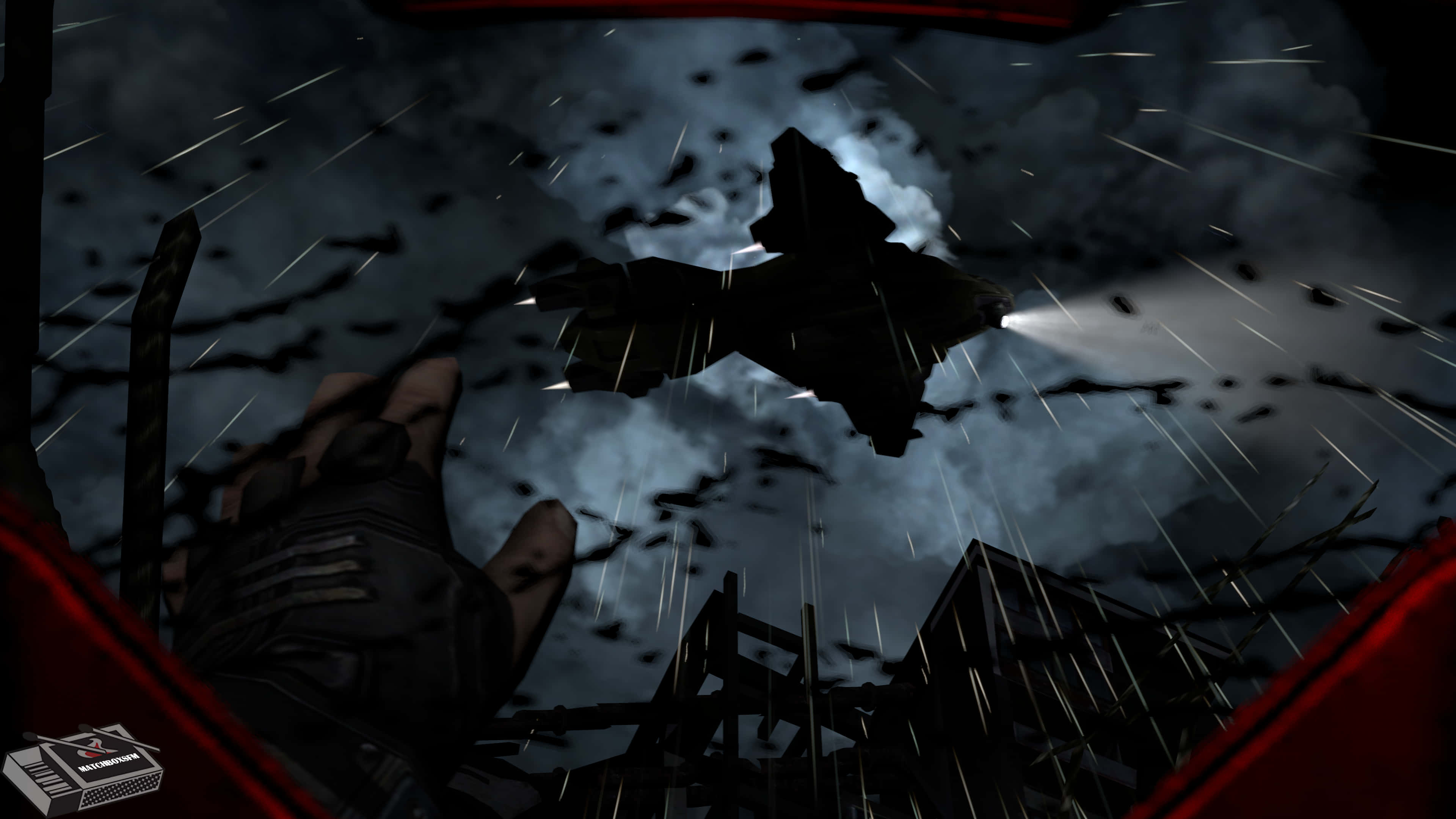 《光環：ODST》4K雨夜中伸出手的囚犯 壁紙 — 戴著手套的手握緊武器，一架黑色戰鬥機在暴風雨中劃過天空，從駕駛艙內觀看。