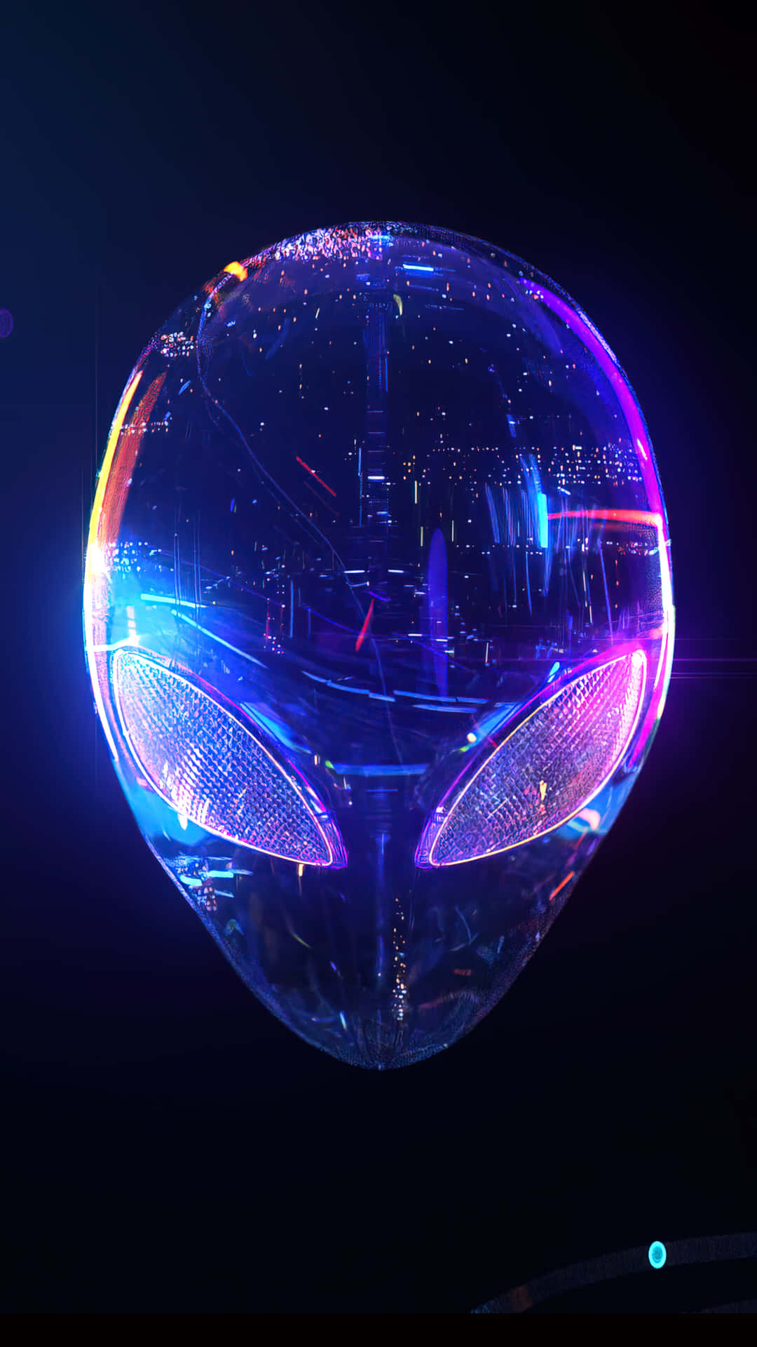 壁紙 — 一個發光的外星人頭部，帶有霓虹燈眼睛，在黑暗背景上反射出未來主義的城市景觀。