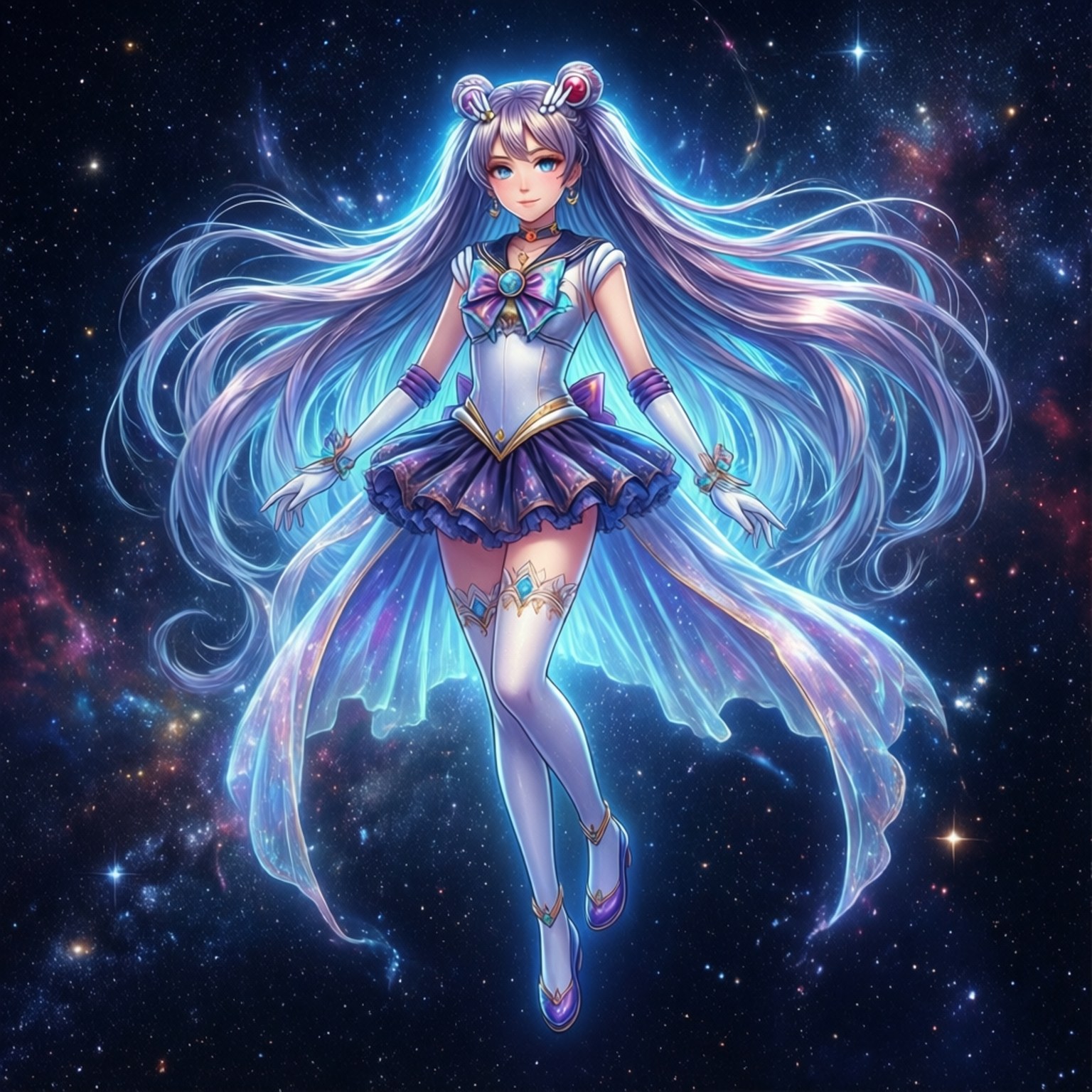 Inori Yuzuriha 桌布 壁紙 — 一個發光的動漫女孩，長髮飄逸，在充滿星雲和閃爍星星的充滿活力的宇宙星空中優雅地漂浮。
