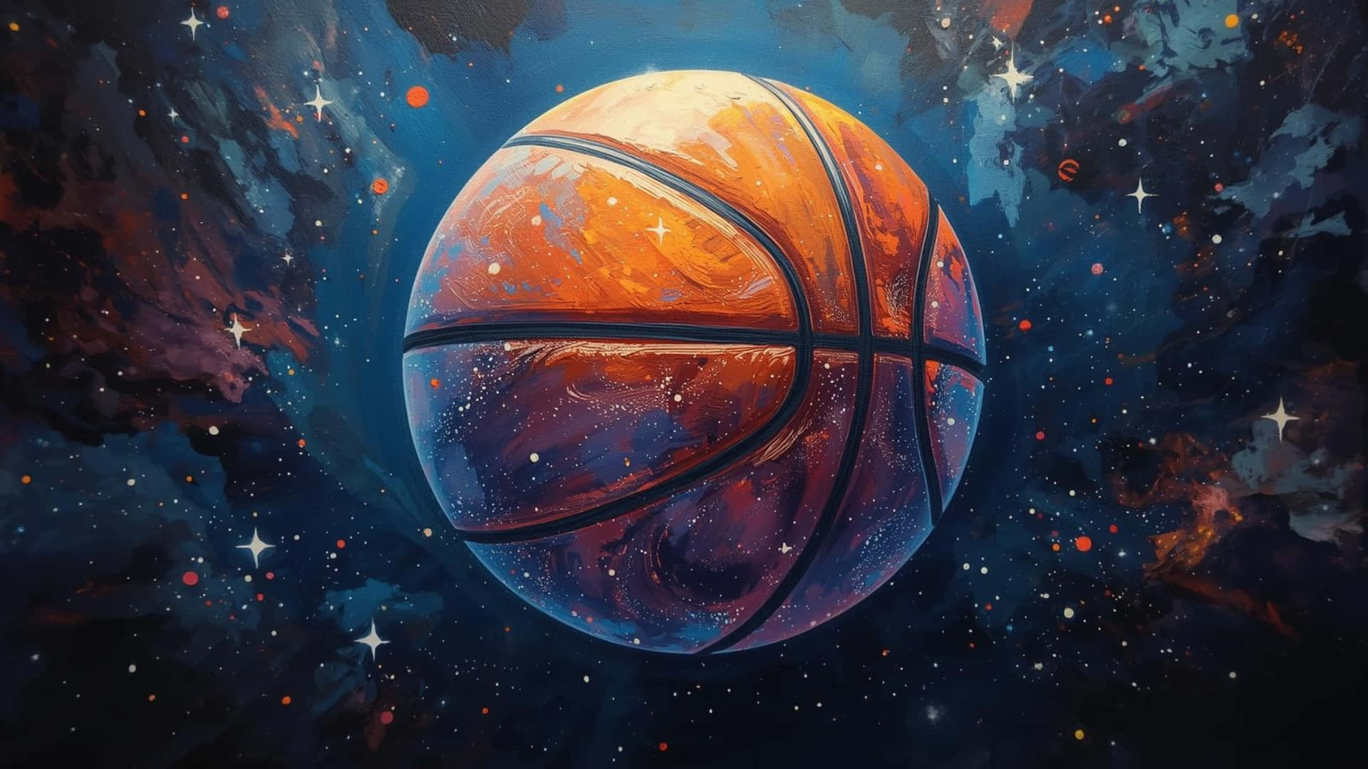  壁紙 — 一個發光的籃球漂浮在旋轉的宇宙星雲和閃爍的星星之間，構成一個充滿活力的太空場景。