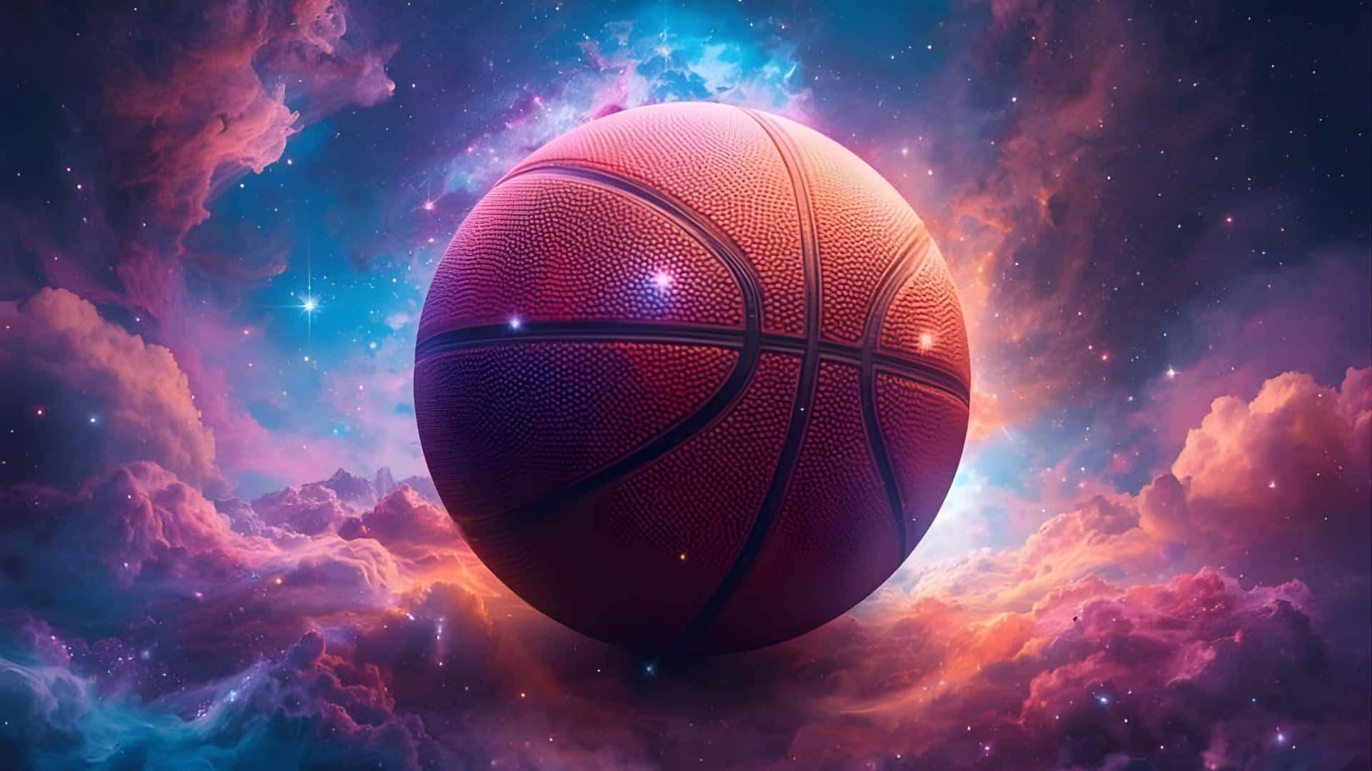  壁紙 — 一個發光的籃球漂浮在旋轉的宇宙雲和星星之間，處於充滿活力的星雲中。