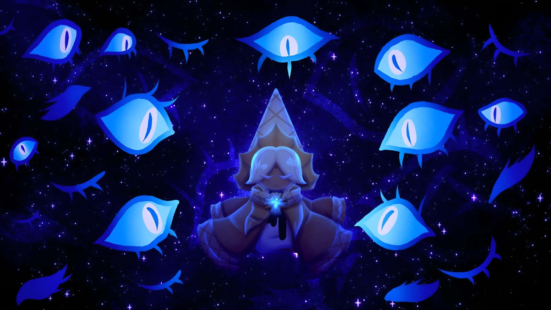  壁紙 — 一個發光藍眼的人物坐在宇宙虛空中，周圍漂浮著眼睛和星星。