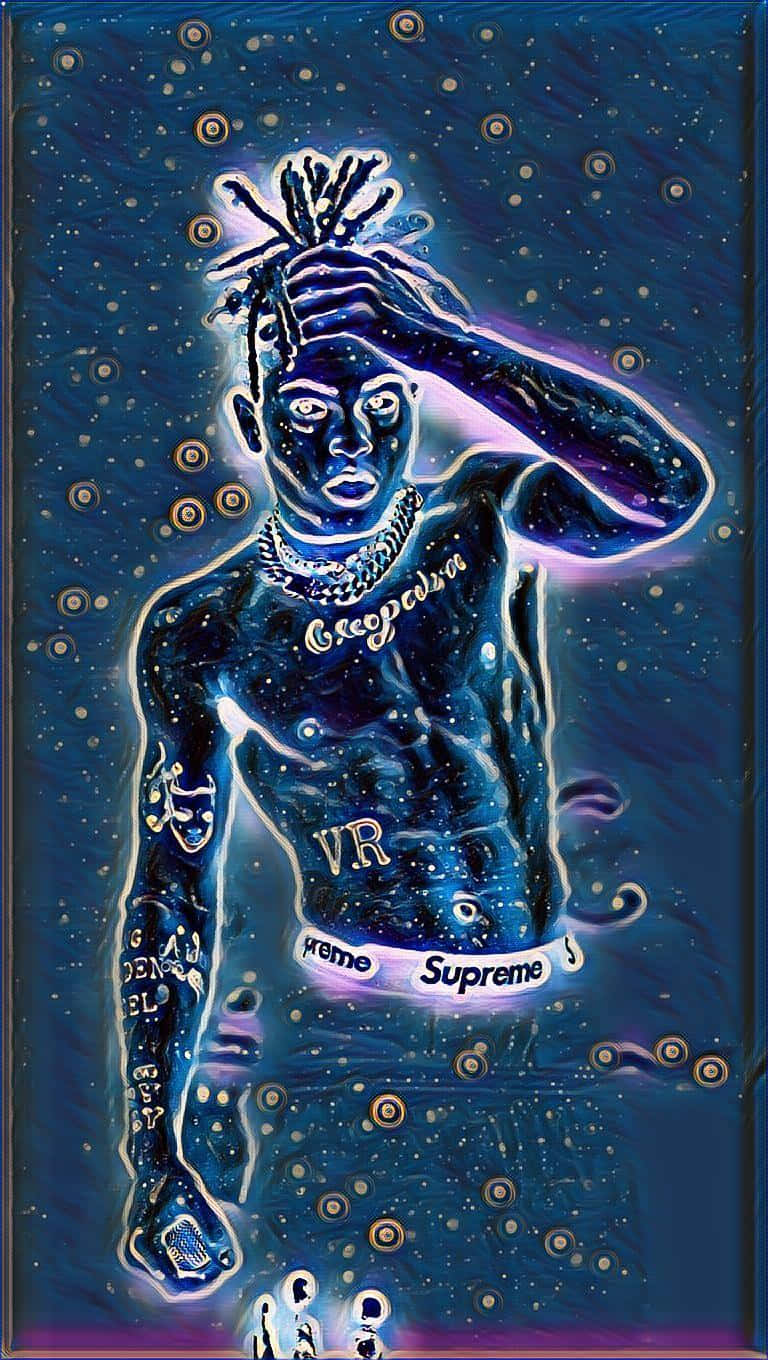  壁紙 — 一個發光的藍色人物，梳著辮子頭和紋身，站在帶有霓虹輪廓的宇宙星空背景前。