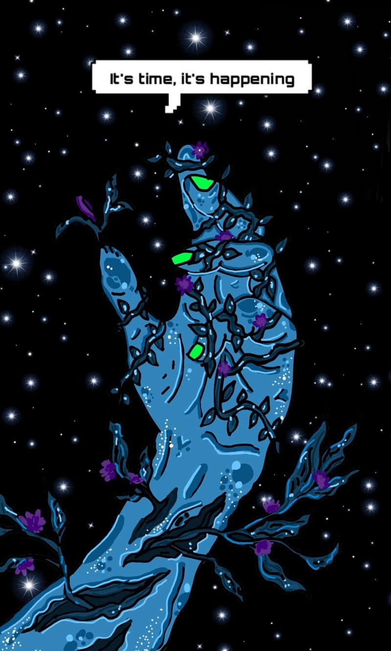  壁紙 — 一隻發光的藍色手，帶有藤蔓和紫色花朵，在繁星點點的夜空下向上伸展，並有一個對話氣泡寫著「是時候了，正在發生」。