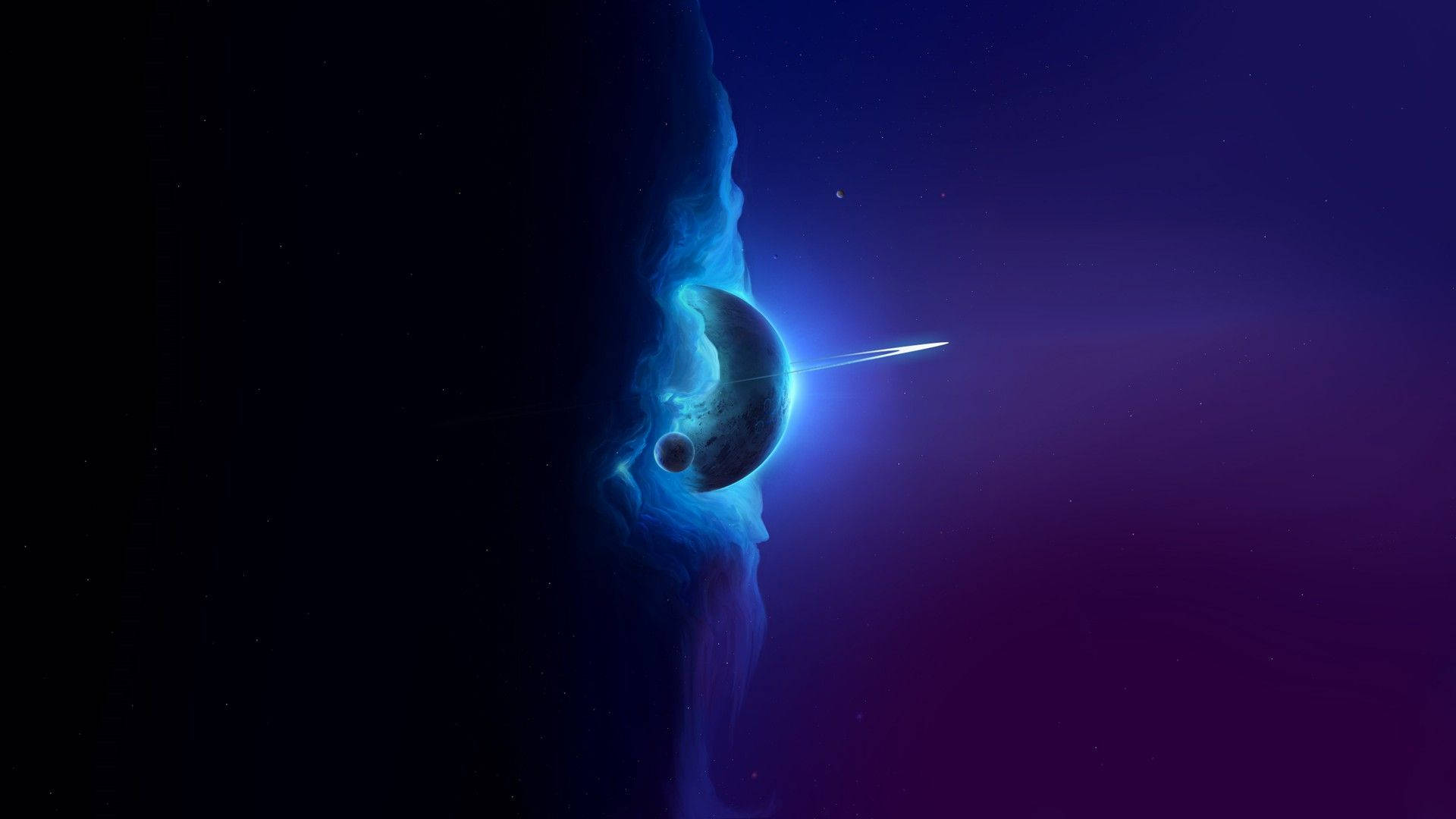 迷人土星與黑洞 壁紙 — 一顆發光的藍色行星，帶有新月和劃過的彗星，背景是漸變的紫色和黑色宇宙背景。