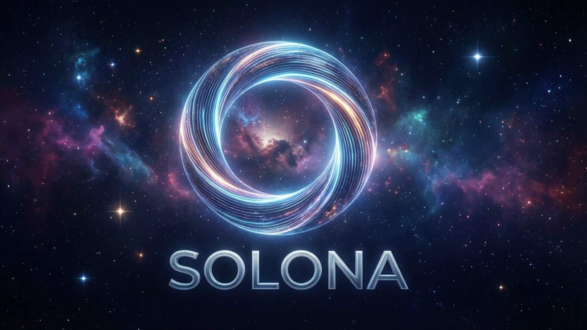 在星光燦爛的宇宙背景上，一個發光的藍色環標誌，帶有 Solona 字樣。