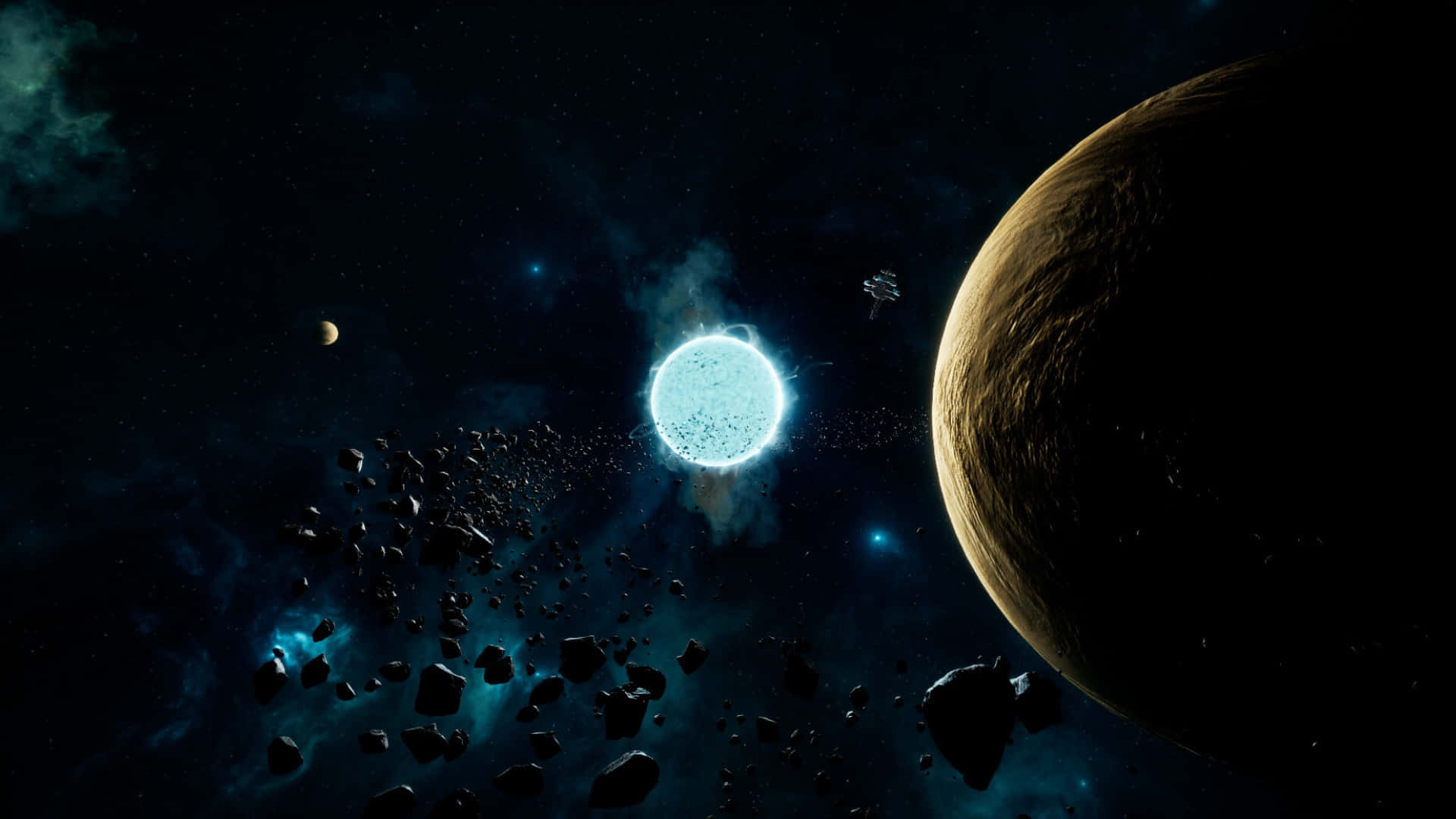  壁紙 — 一顆發光的藍色星星照亮了宇宙場景，其中有小行星和一顆大行星，背景是繁星點點的黑暗天空。