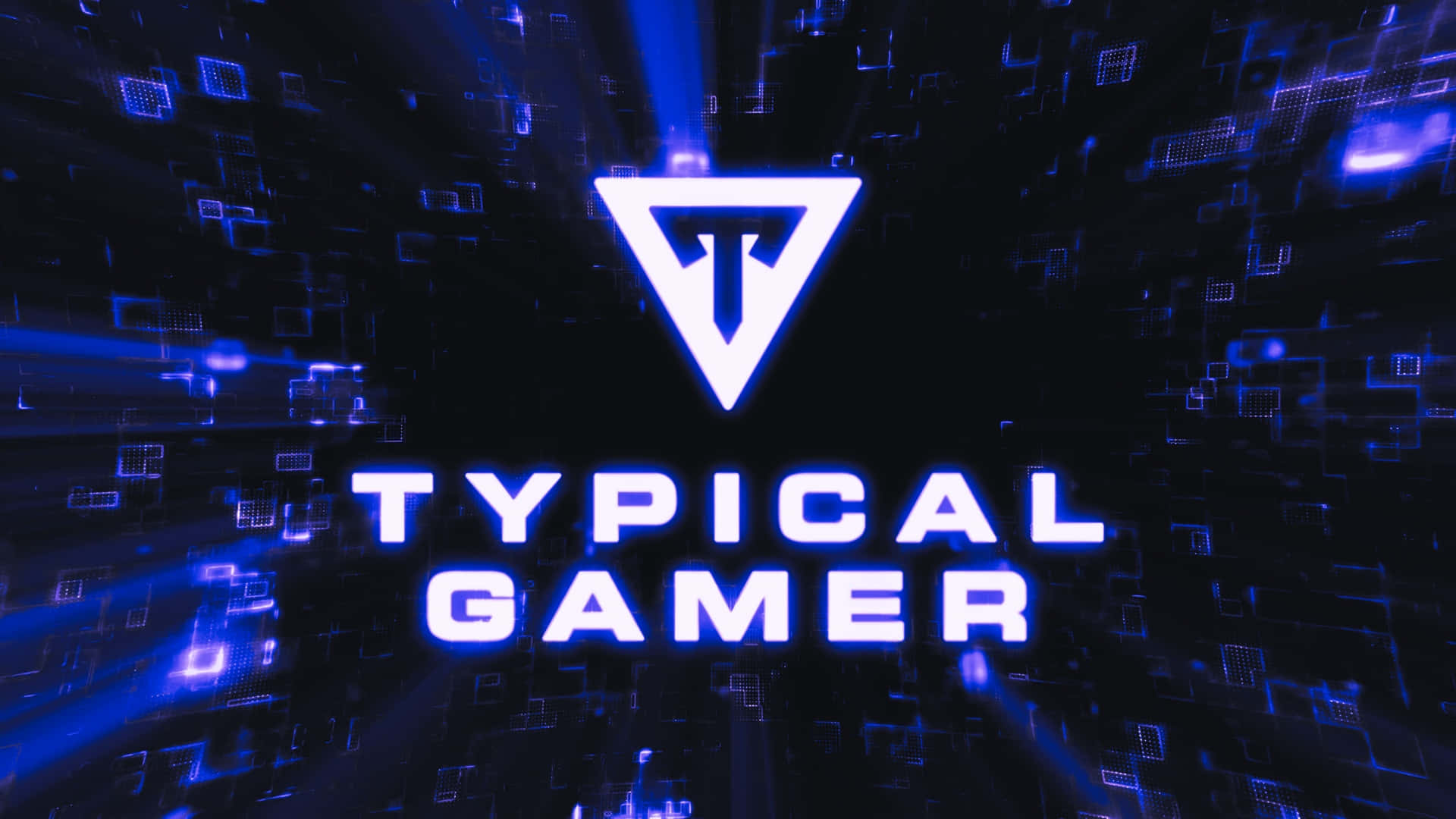  壁紙 — 一個發光的藍色三角形標誌，帶有「TYPICAL GAMER」文字，在充滿浮動像素方塊的黑暗數位背景中散發光芒。