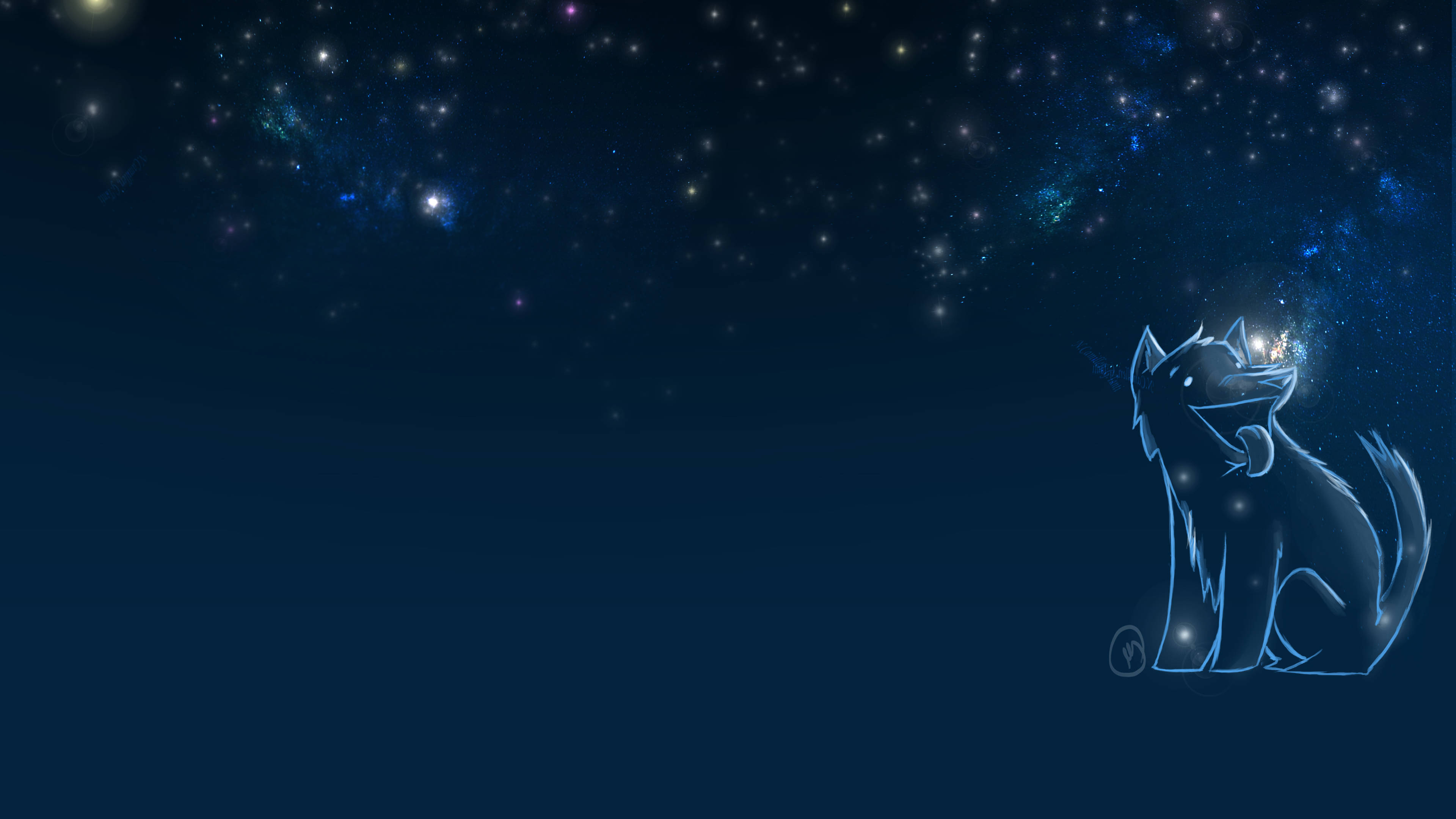一個發光的藍色狼剪影在星空夜空下。