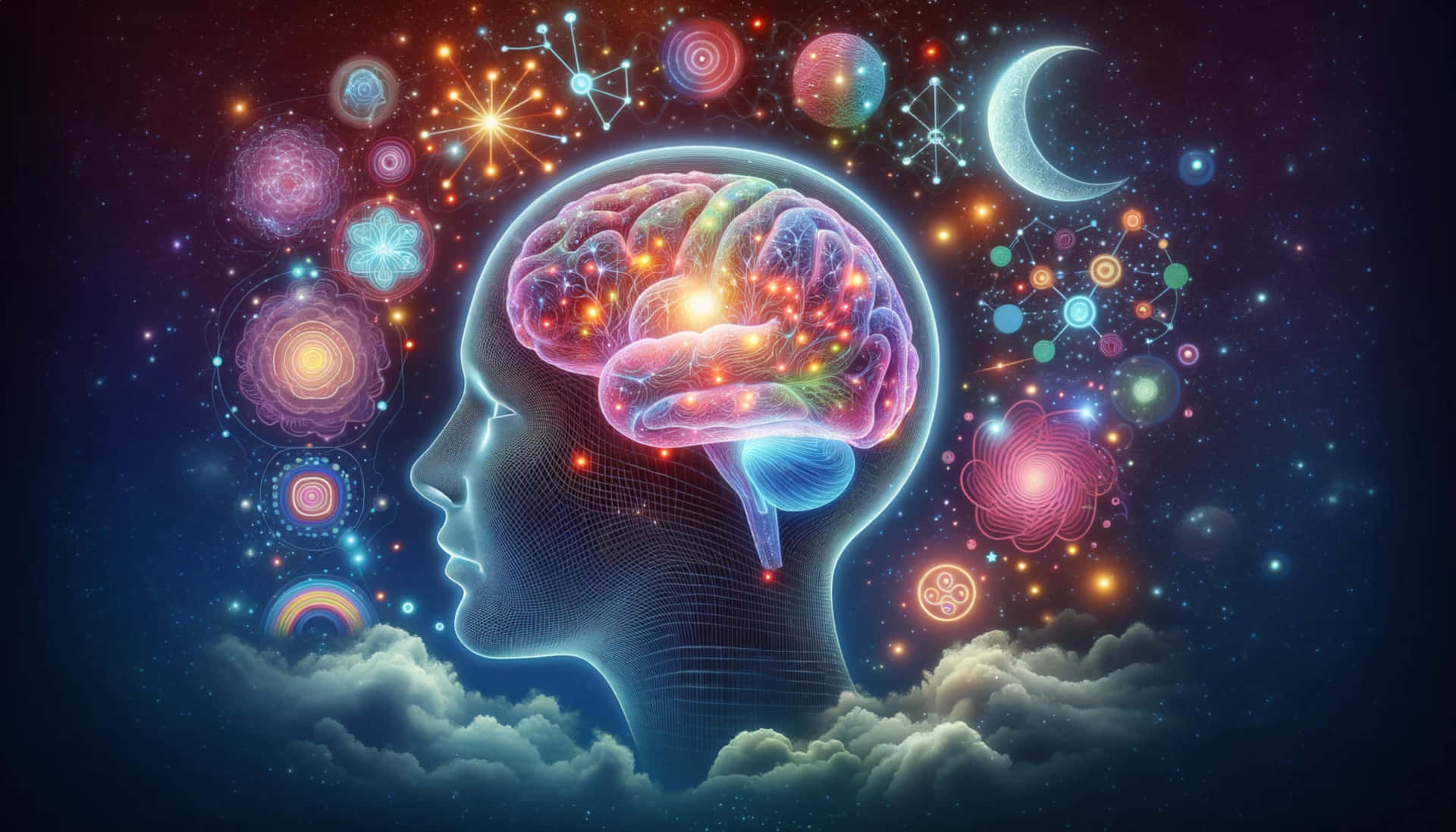  壁紙 — 一個發光的大腦位於線框人頭內部，漂浮在雲層之上，周圍環繞著宇宙符號和星星。
