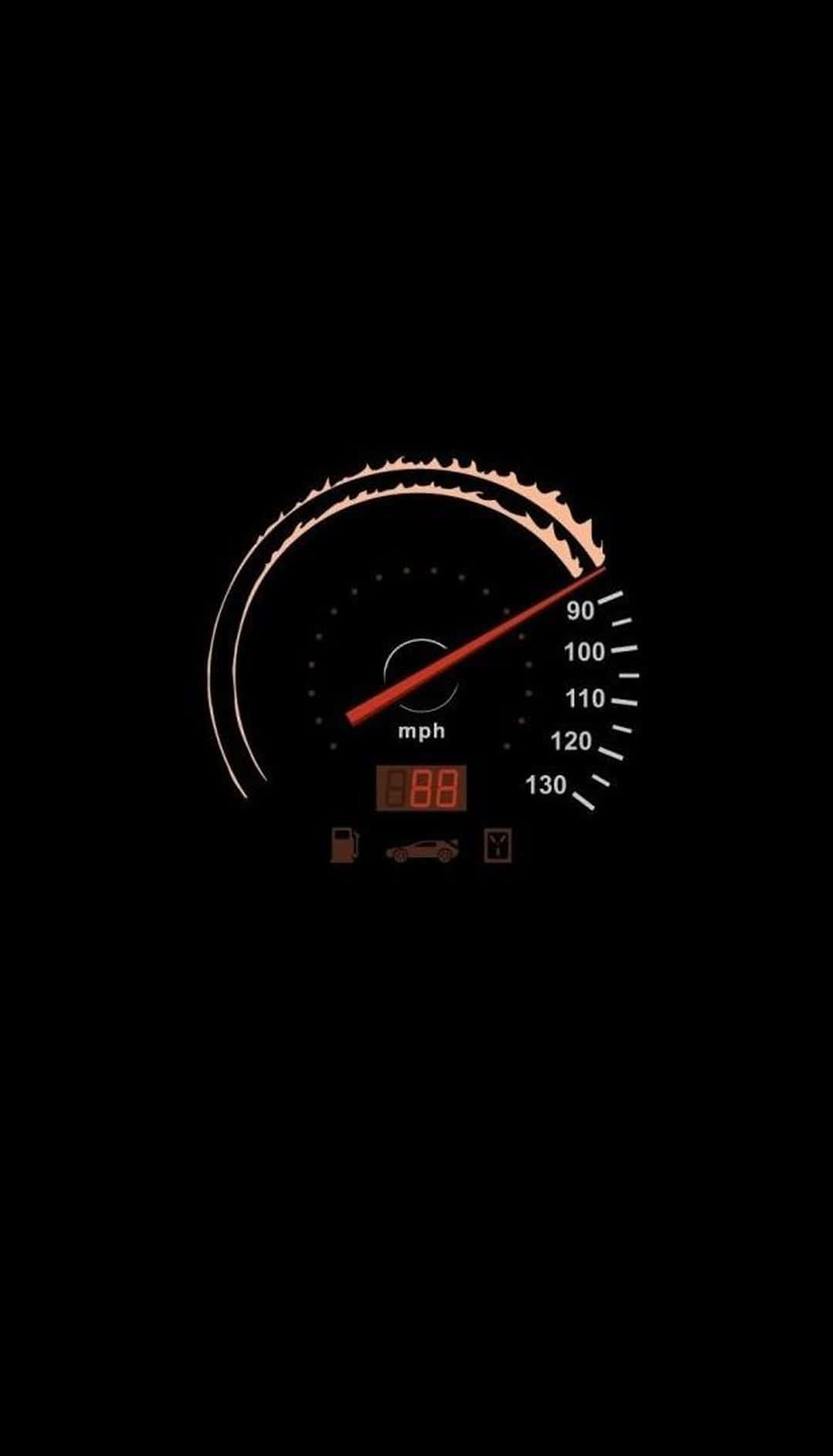 夜間顯示 88 mph 的橙色發光汽車儀表板速度計。