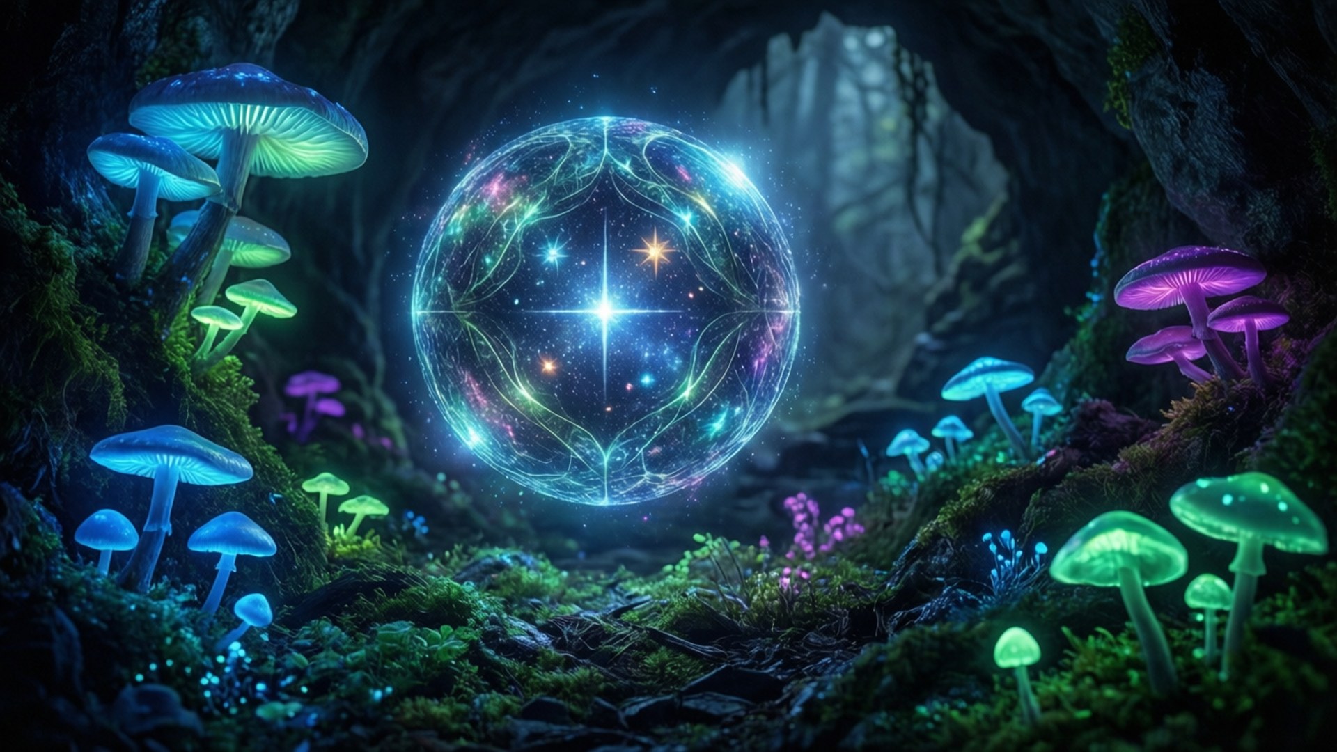 Geostar 桌布 壁紙 — 一個發光的宇宙球體漂浮在黑暗的森林洞穴中，周圍環繞著發出空靈藍色和紫色光芒的生物發光蘑菇。