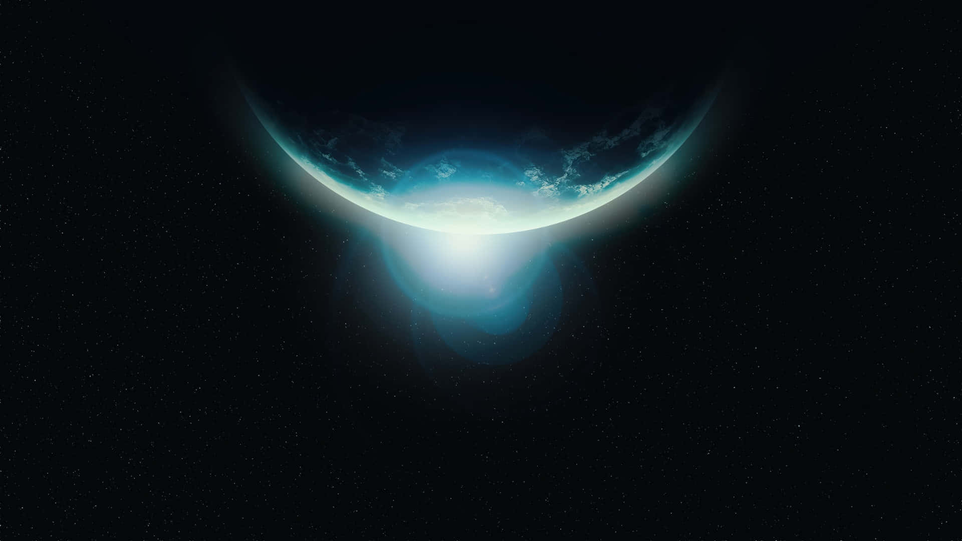  壁紙 — 一顆發光的彎月形地球在繁星點點的虛空中彎曲，燦爛的藍色極光照亮其邊緣。