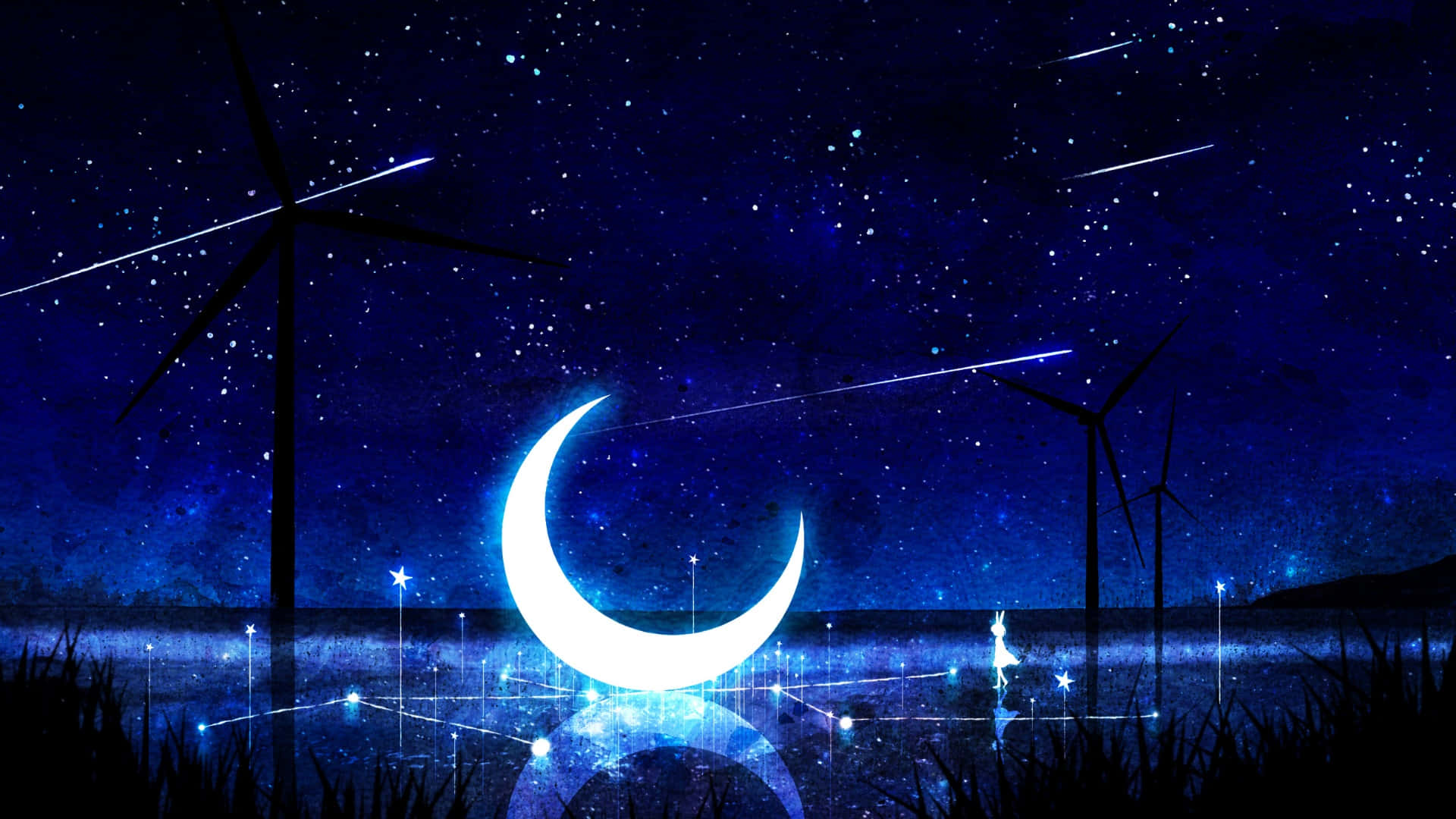  壁紙 — 一輪發光的彎月倒映在繁星點點的夜湖上，周圍環繞著風力渦輪機和流星。