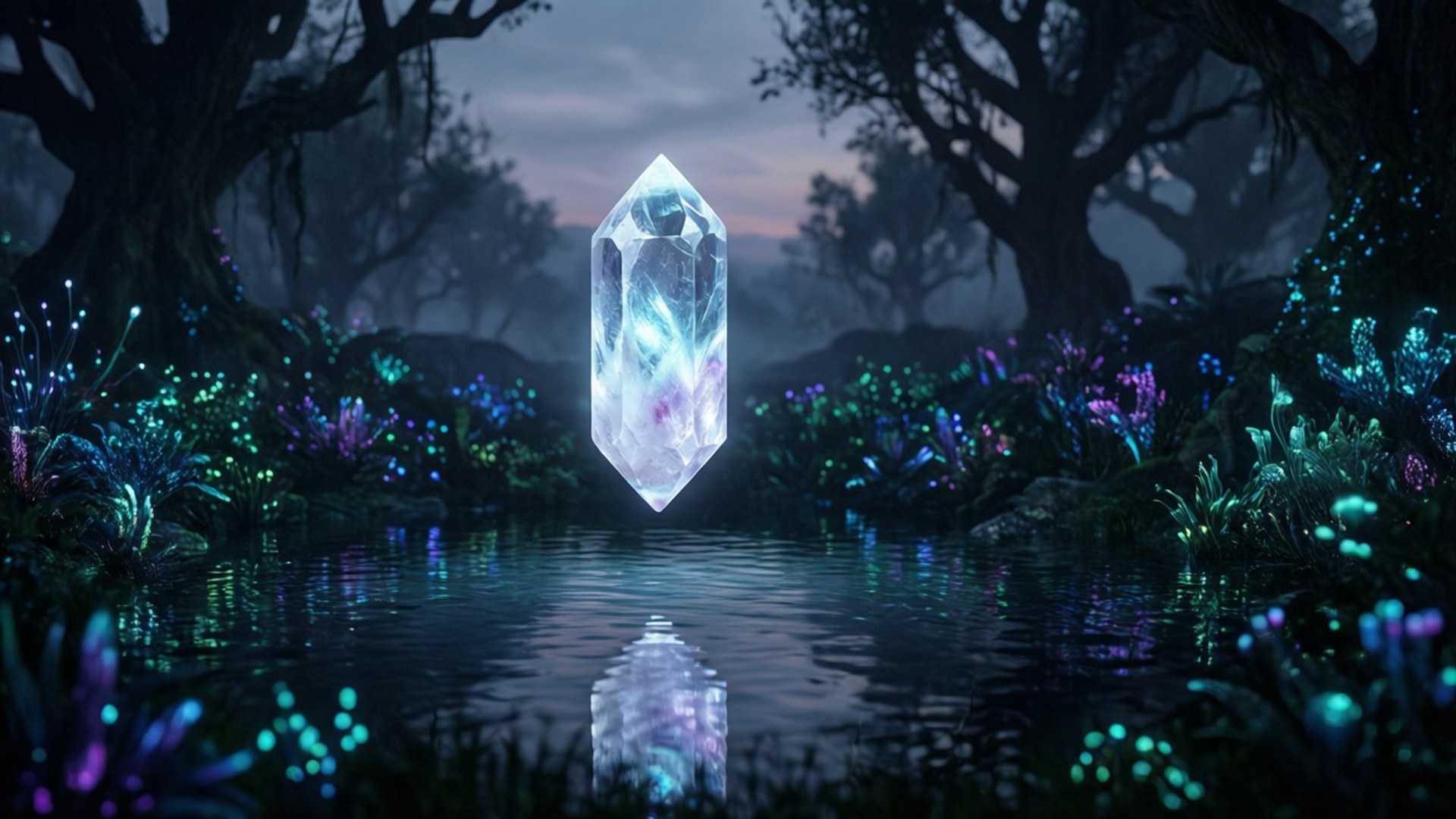 Pixiz 桌布 壁紙 — 一個發光的水晶棱鏡懸浮在霧氣瀰漫的池塘上方，周圍環繞著生物發光的植物和古樹，正值黃昏時分。
