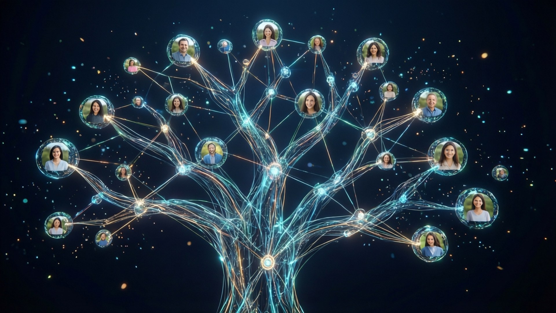 Digital Neon Family Tree 壁紙 — 一棵發光的數位樹，帶有發光的樹枝，連接漂浮的肖像氣泡，背景是星空夜空。