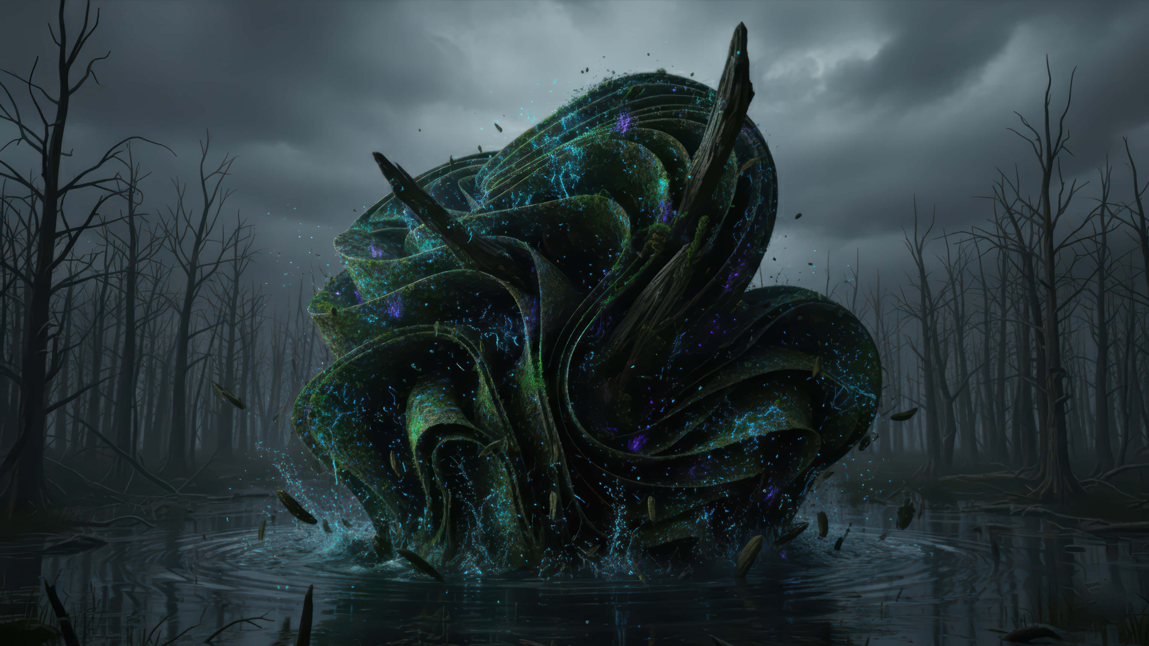 神秘沼澤光暈桌面壁紙加強版 壁紙 — 在暴風雨的天空下，被光禿禿的樹木包圍的黑暗水中，一個發光的綠色和紫色有機結構噴發出來。