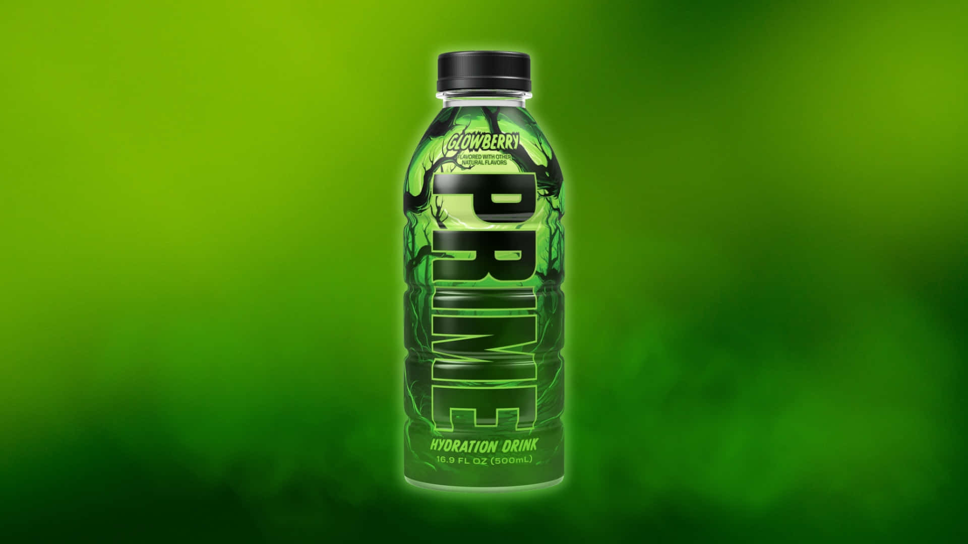  壁紙 — 一瓶發光的綠色Prime補水飲料瓶，在充滿活力的漸變綠色背景中央豎立。