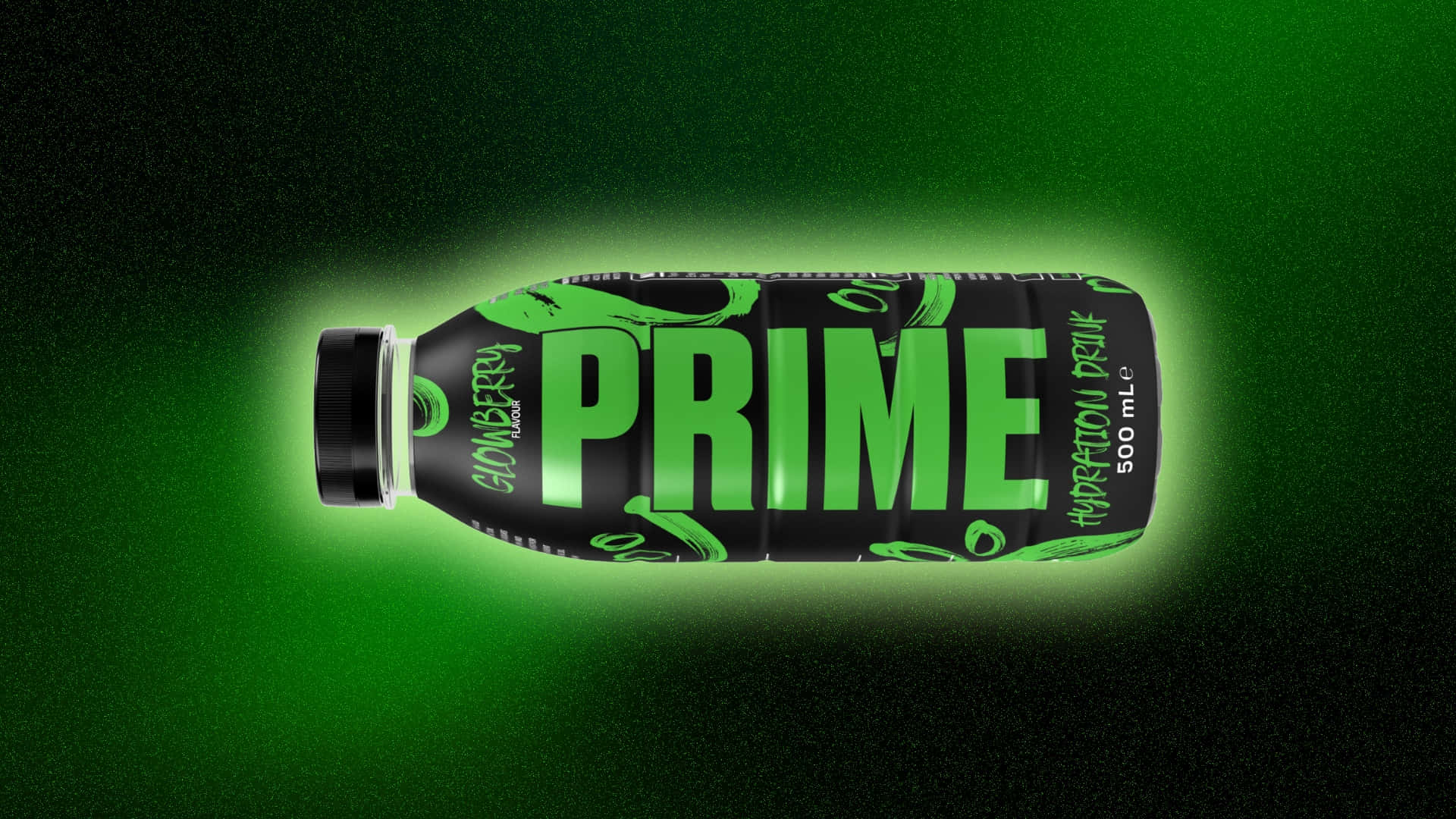  壁紙 — 一個發光的綠色運動飲料瓶，標有prime，漂浮在深色漸變背景上。