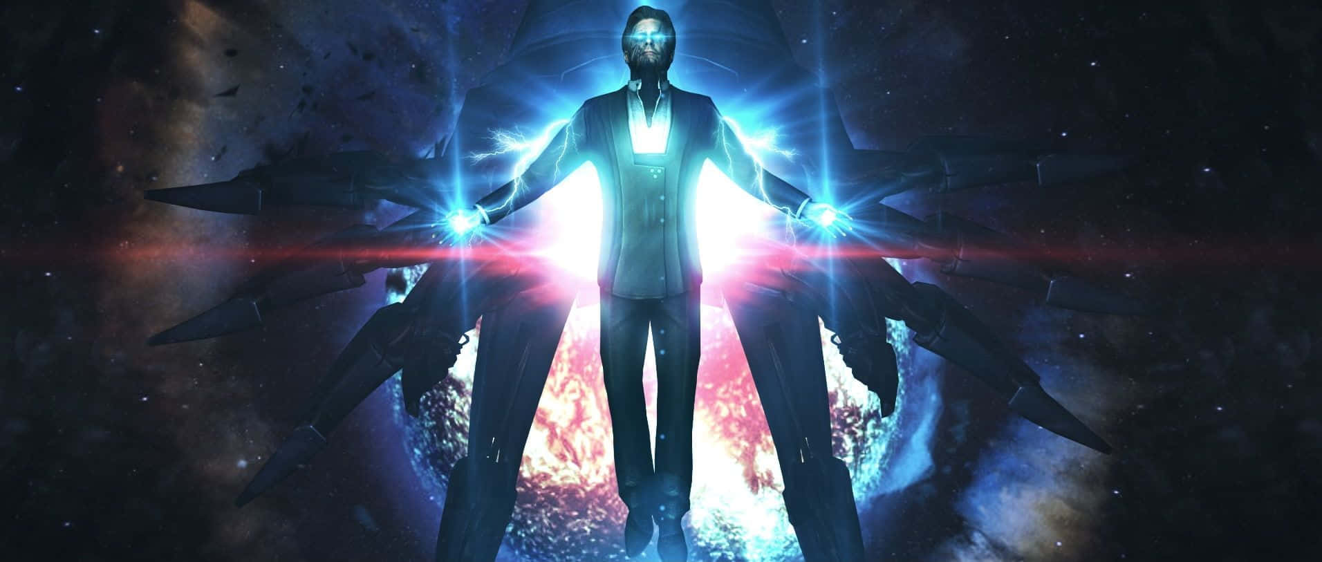 Illusive Man 桌布 壁紙 — 一個發光的人形人物穿著西裝，雙臂伸展，站在宇宙星雲背景前，有耀眼的藍色和紅色光束。