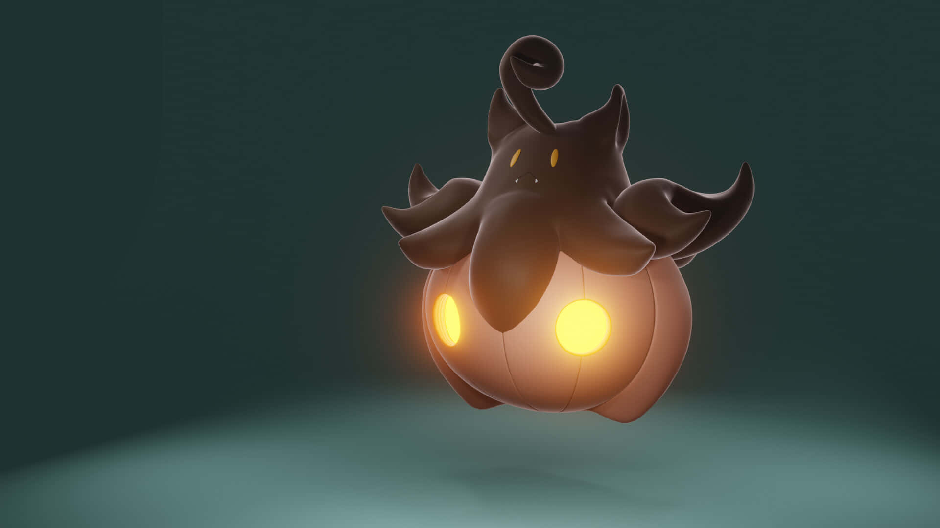 Pokemon 桌布 壁紙 — 一個發光的傑克南瓜燈，帶有可愛的魔鬼臉孔，漂浮在深藍綠色背景上。