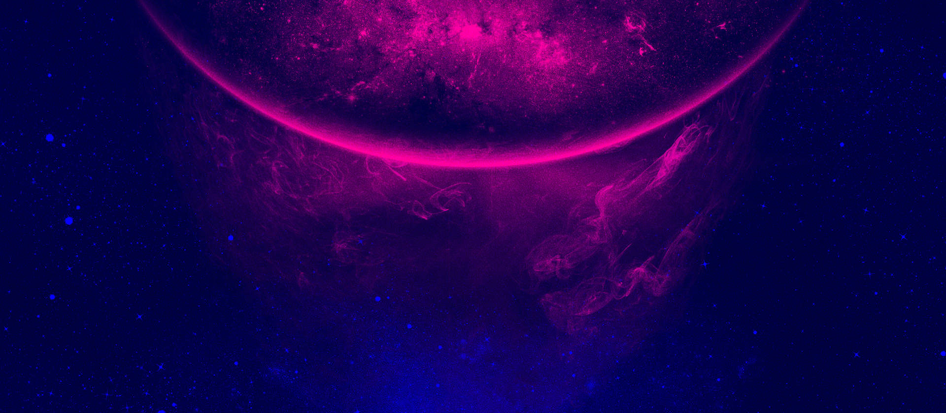 在佈滿星星的藍色太空中，一顆發光的粉紅色行星和旋轉的星雲。