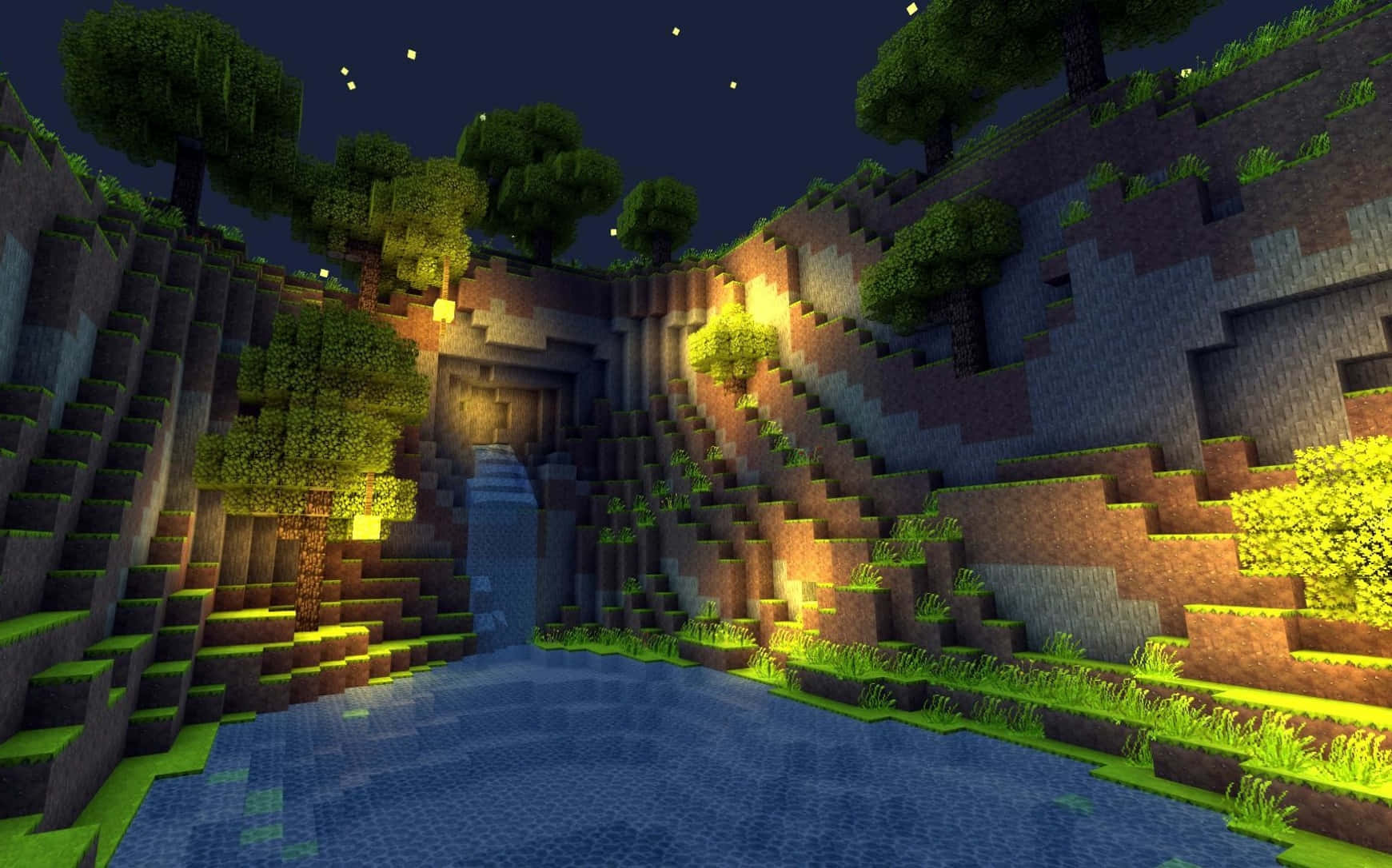 探索全新 Minecraft 世界！ 壁紙 — 夜晚中發光的Minecraft洞穴入口，周圍是方塊狀的樹木和草地，星空下。