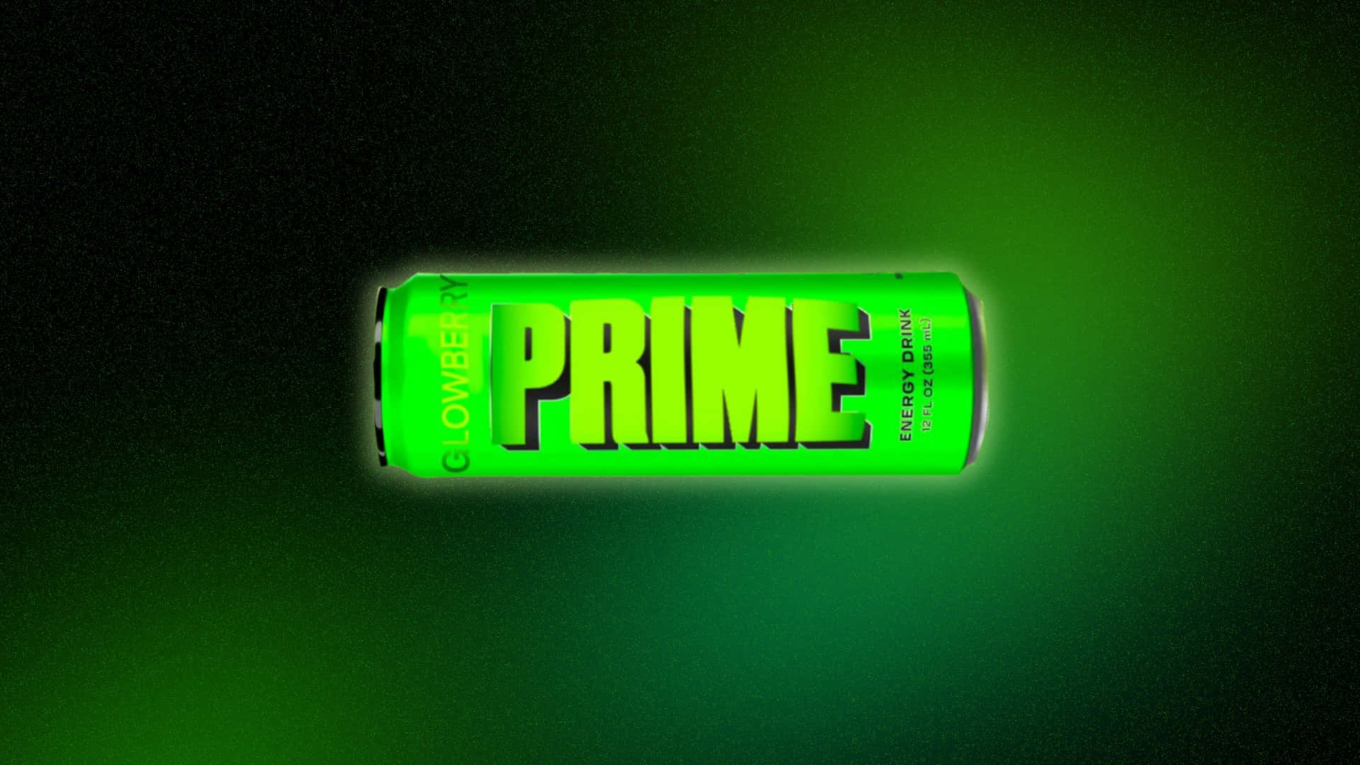  壁紙 — 一個發光的霓虹綠色能量飲料罐，標有Prime，漂浮在深色漸變綠色背景上。