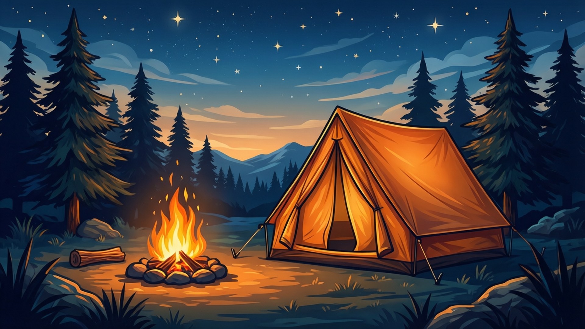 夜晚森林中，星空下一個發光的橙色帳篷和營火。