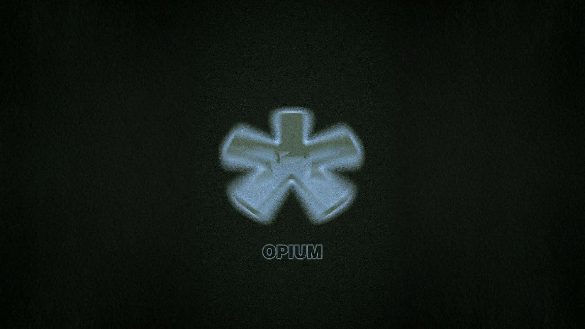  壁紙 — 一個發光的淡藍色鴉片符號在深色紋理背景上微弱脈動，下方有 opium 字樣。