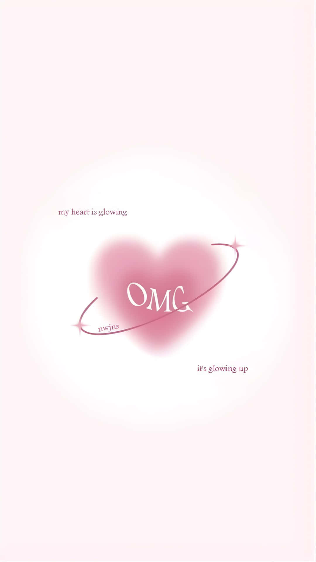  壁紙 — 一個發光的粉紅色心形，帶有「OMG」文字，在柔和的粉彩背景中環繞，並帶有「my heart is glowing」和「it's glowing up」等短語。