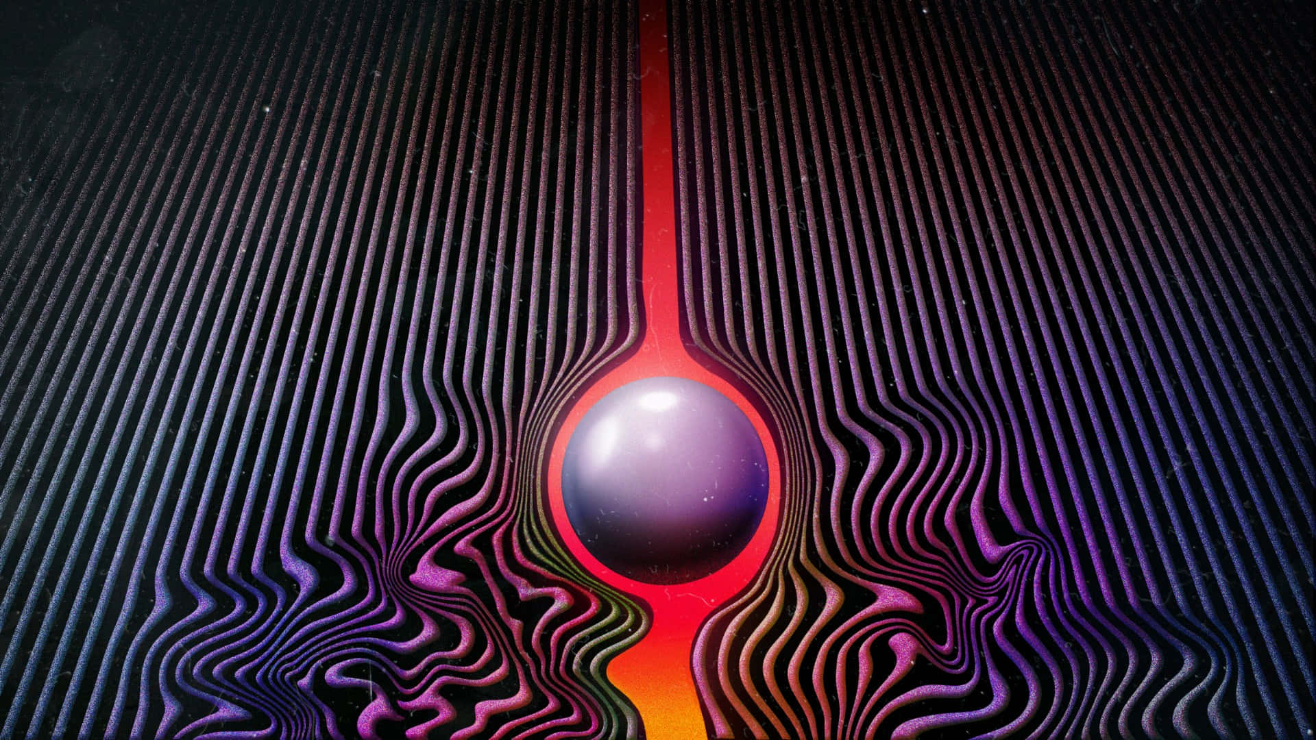  壁紙 — 一個發光的紫色球體在深色背景上，於放射狀的紅色和紫色波浪線中心脈動。