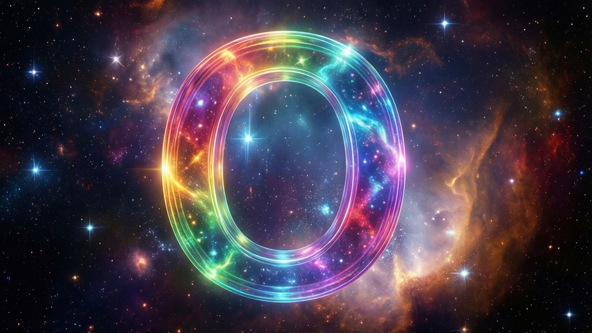 一個在多彩星空宇宙星雲中發光的彩虹環。