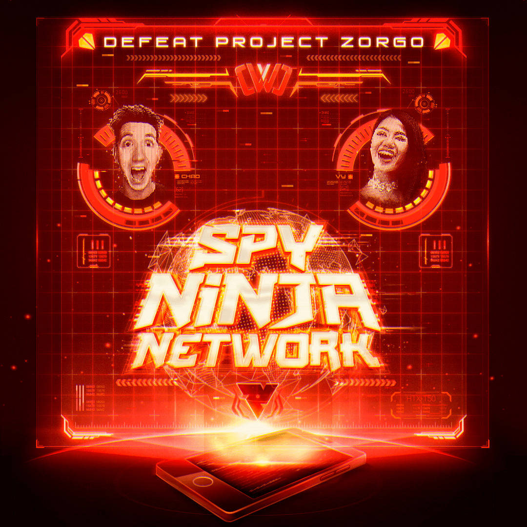 Spy Ninja Network的未來風格紅色數位界面，圓形顯示器中有兩個微笑的臉孔。