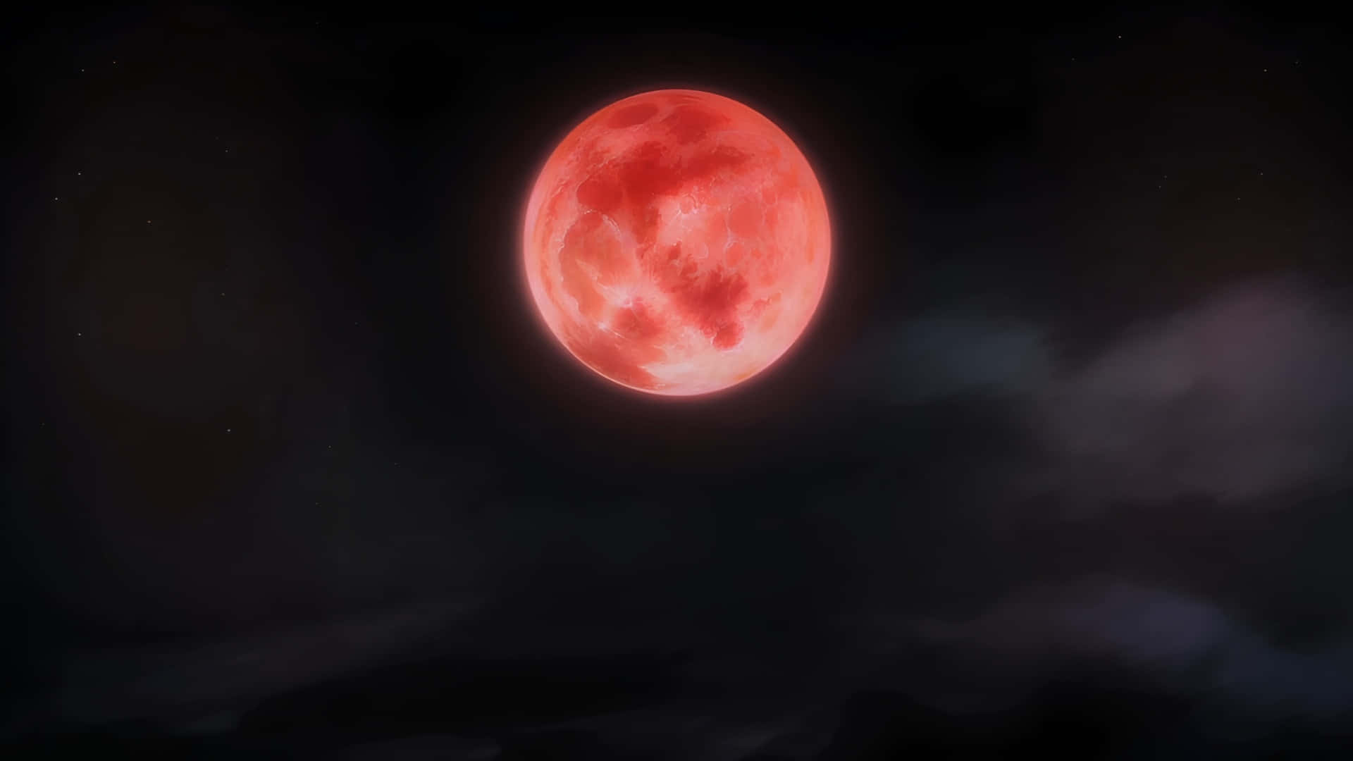  壁紙 — 一輪發光的紅月主宰著黑暗的夜空，縷縷薄雲在其詭異的光芒下飄動。