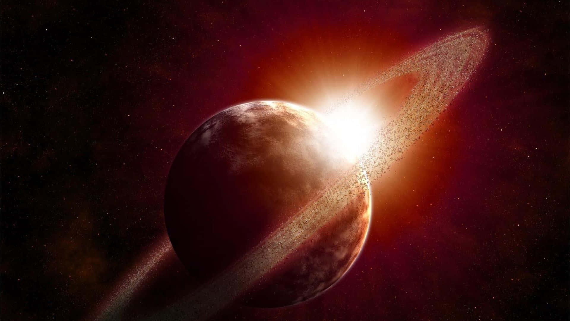  壁紙 — 一顆發光的環狀行星沐浴在光芒中，背景是繁星點點的宇宙深處和深紅色的星雲。