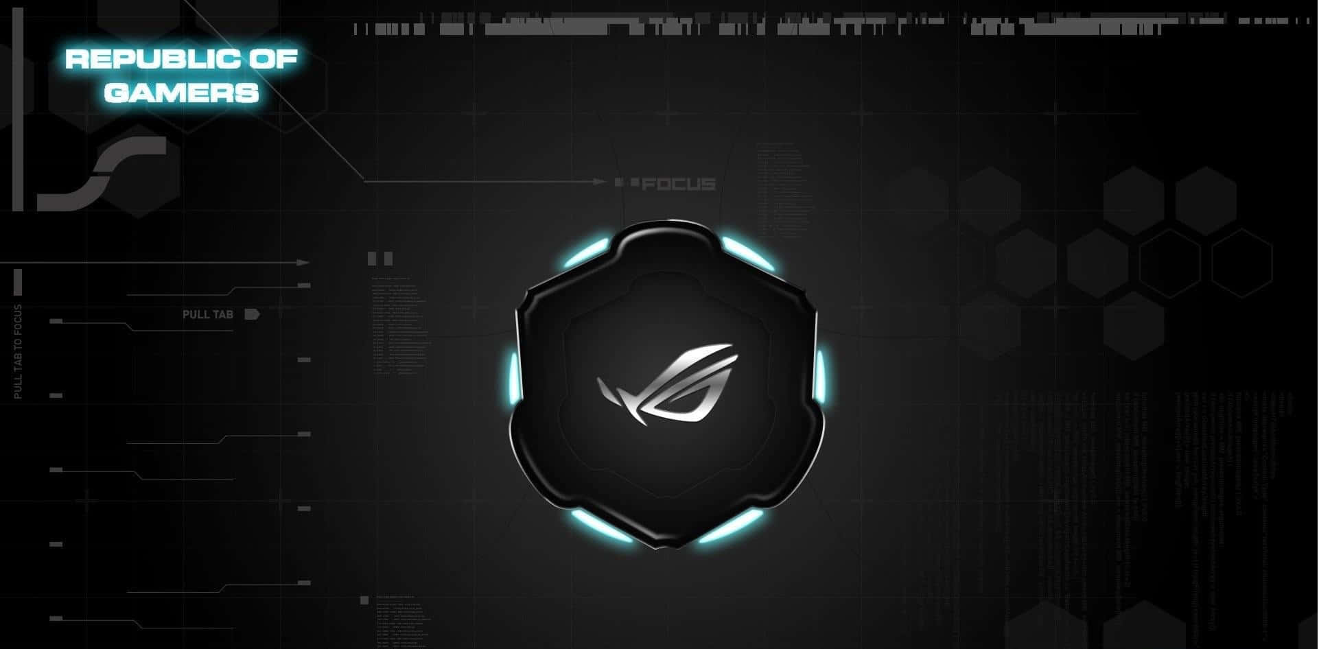 Optic Gaming 桌布 壁紙 — 發光的 ROG 標誌位於帶有六邊形圖案和未來感 UI 元素的深色數位介面中央。