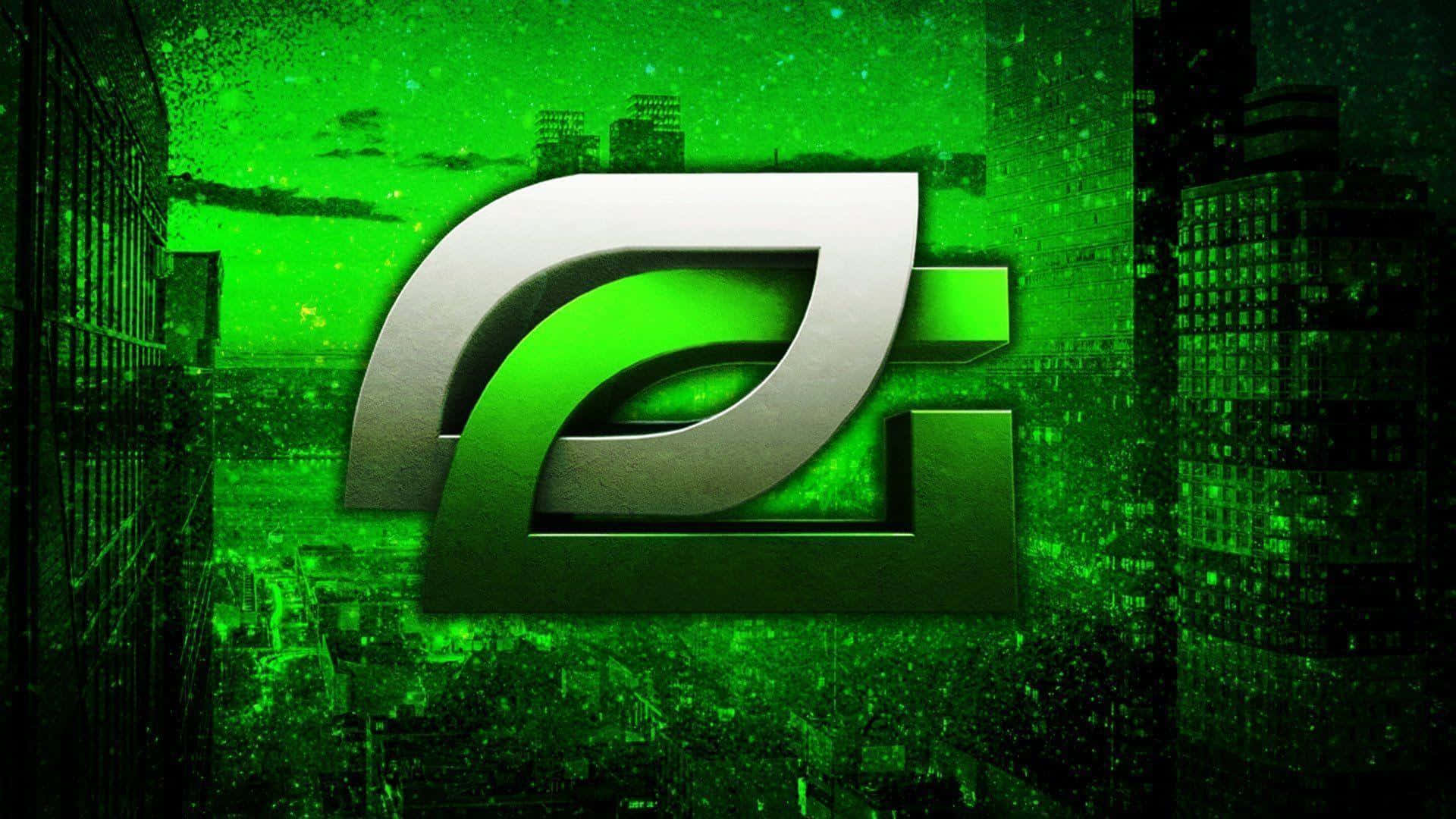 Optic Gaming 桌布 壁紙 — 一個發光的銀色風格標誌主導著一個帶有高聳摩天大樓的霓虹綠色數位城市景觀。