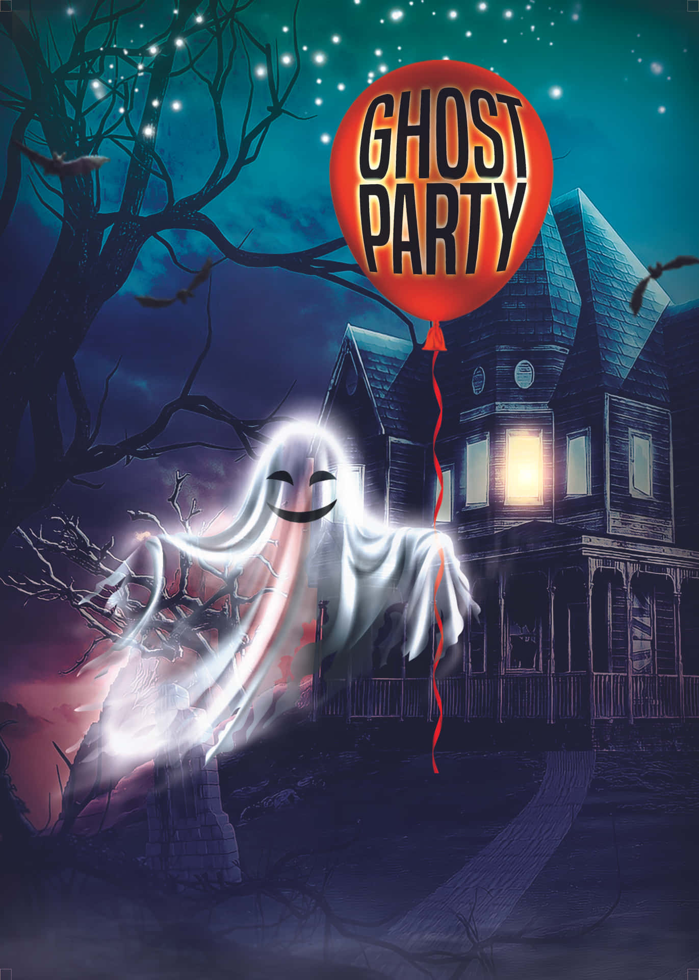 一個發光的鬼魂在夜晚的鬼屋前拿著一個紅色 ghost party 氣球。