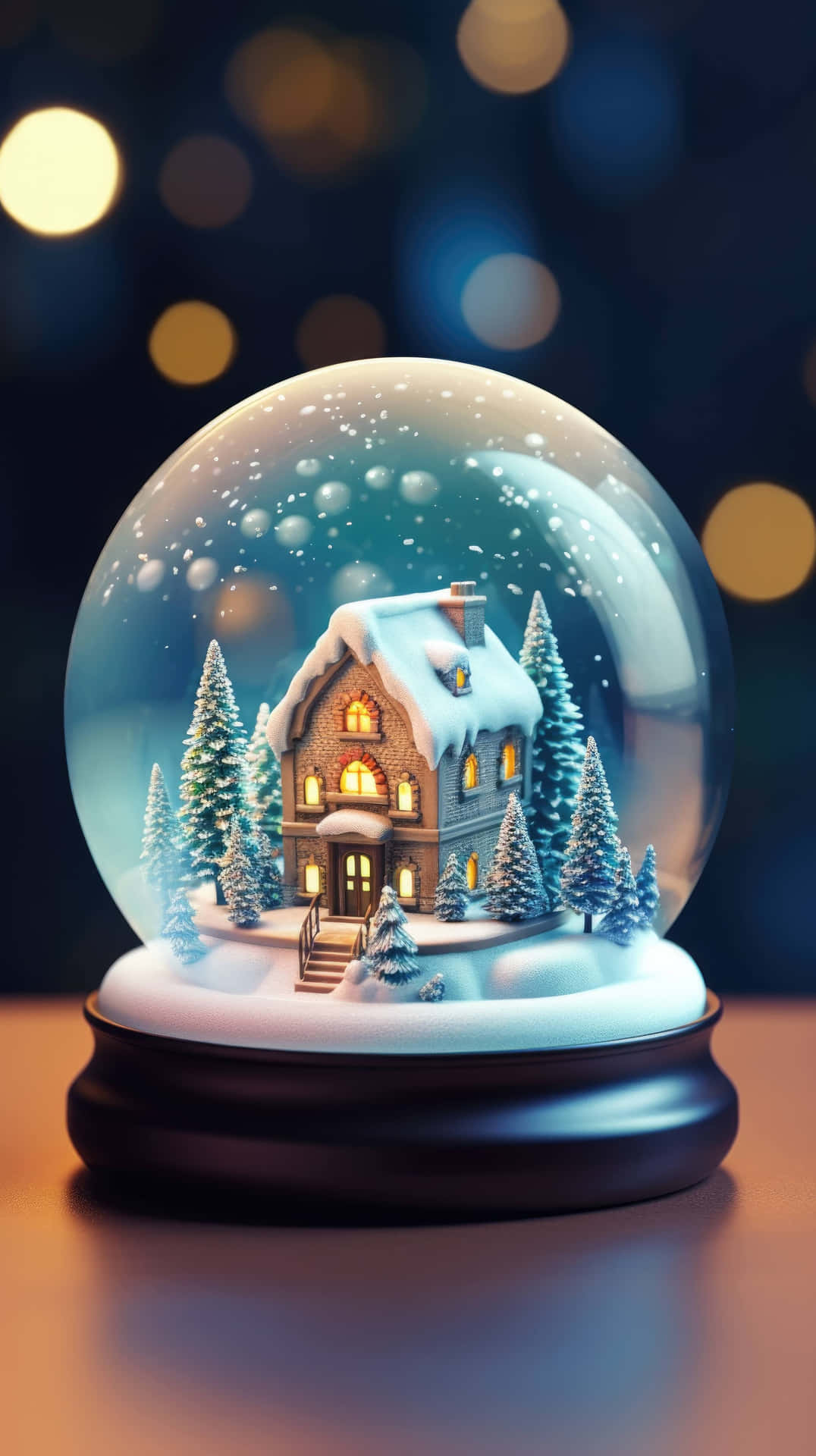  壁紙 — 一個發光的雪球捕捉到一個舒適的冬季小屋，坐落在白雪覆蓋的松樹之間，雪花飄落。