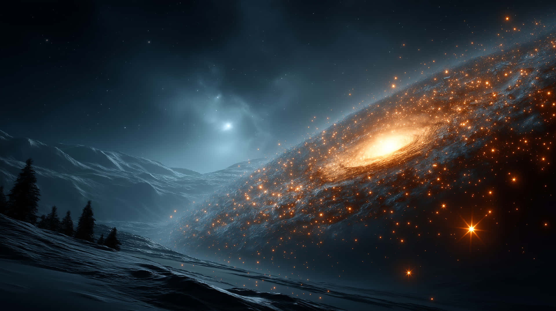 夜空下積雪的山脈，可見發光的螺旋星系