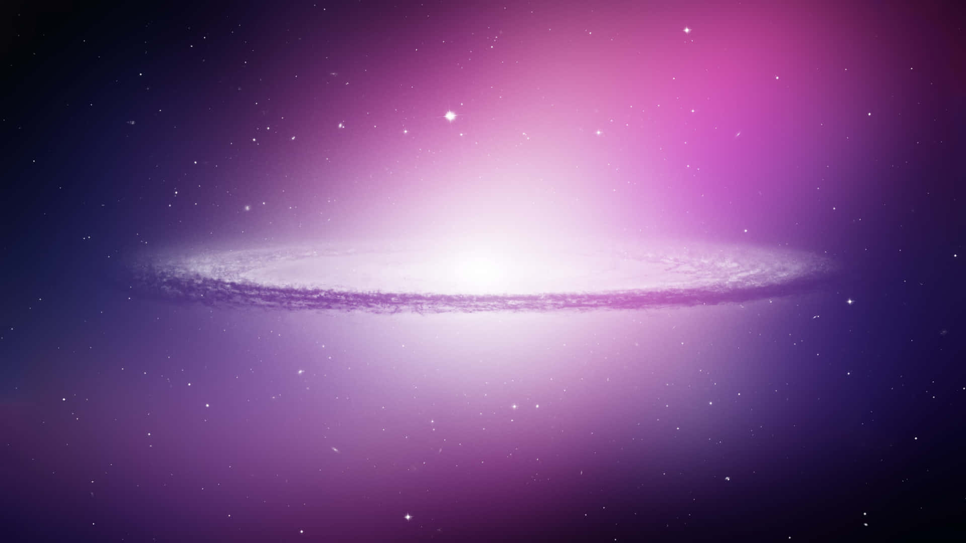  壁紙 — 一個明亮的螺旋星系在繁星點點的宇宙背景下散發出充滿活力的紫色和粉紅色調。