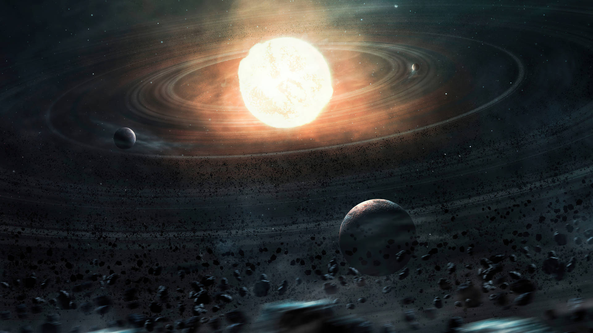一顆明亮的恆星，帶有環和行星在小行星場中運行。