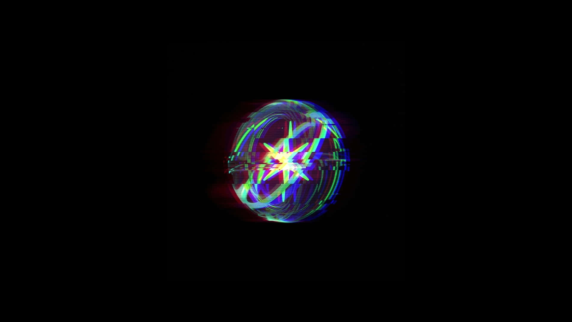  壁紙 — 一個發光的星爆球體帶有霓虹條紋，在黑色虛空中脈動，散發數碼扭曲。