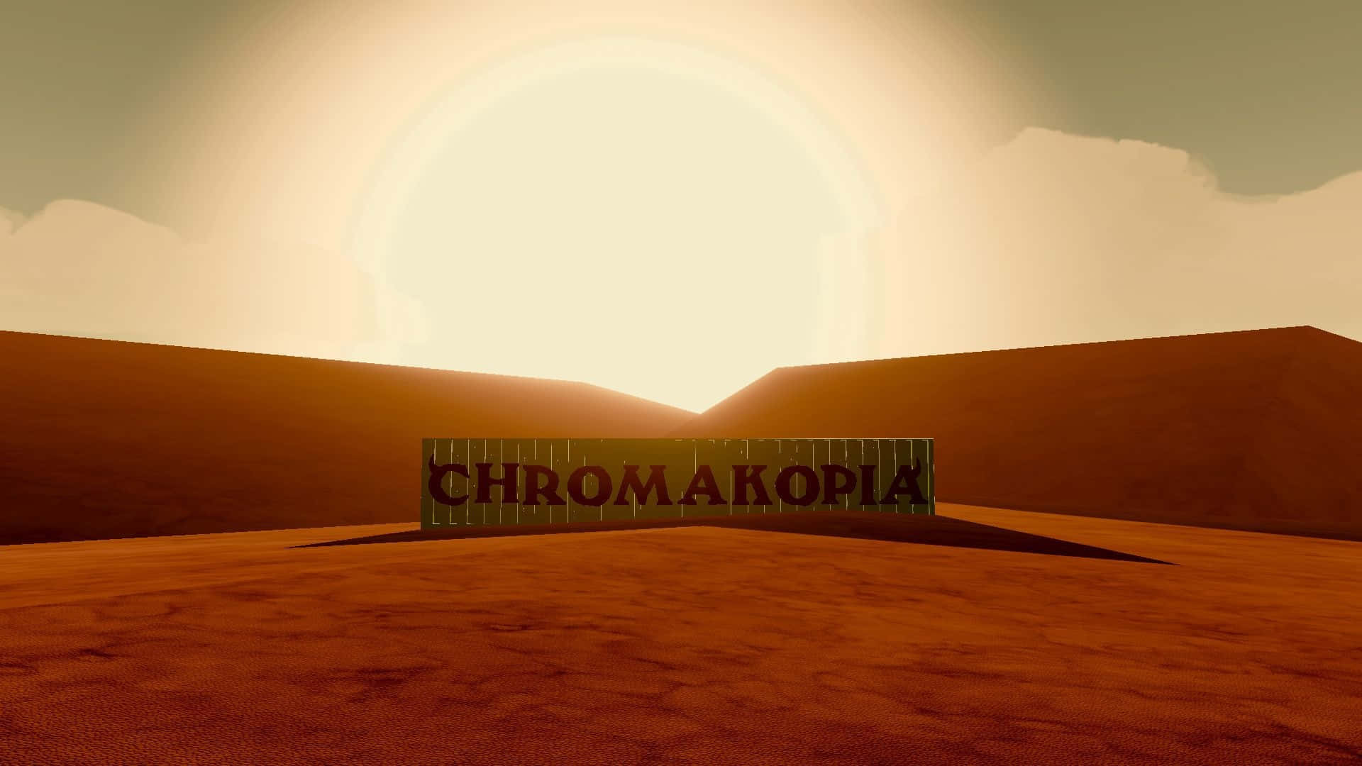  壁紙 — 一輪發光的太陽在極簡沙漠景觀上升起，前景有一個寫著 chromakopia 的木牌。